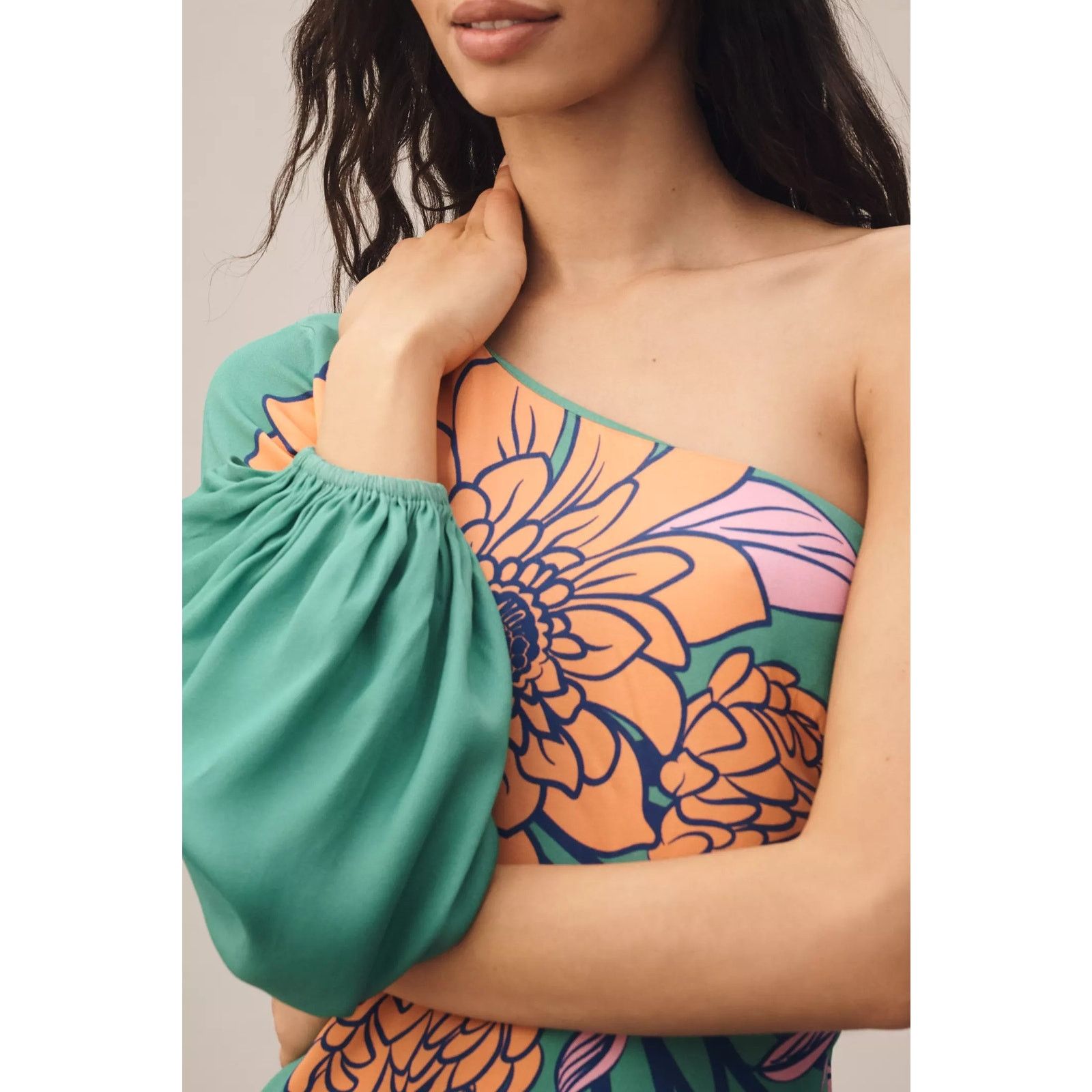 Anthropologie NWT Farm Rio One-Shoulder Floral Midi Dress $248 LP Green Size L / US 10 / IT 46 - 2 Thumbnail