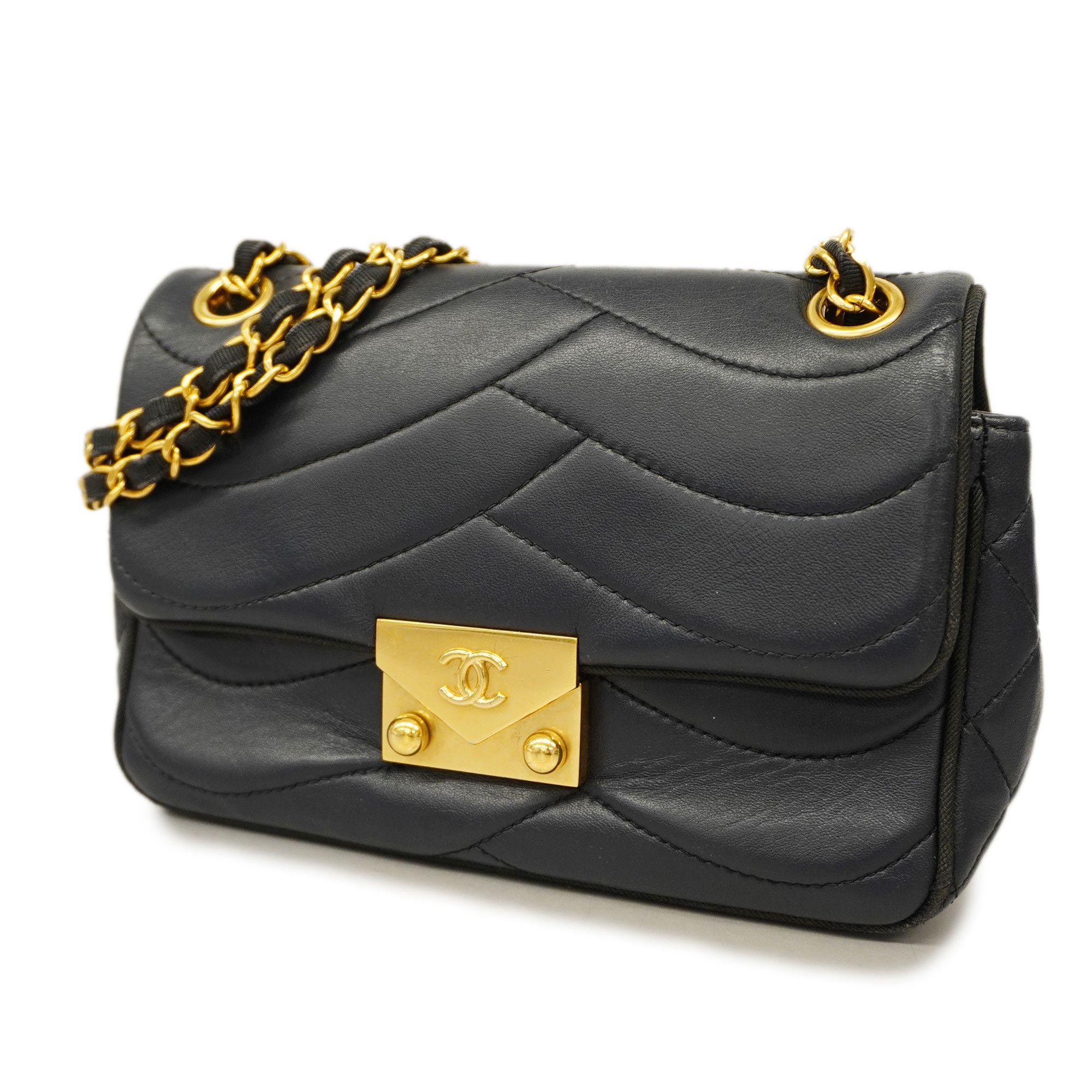 Chanel 【3db1103】Auth Chanel Wave Stitch W Chain Leather Shoulder Bag ...