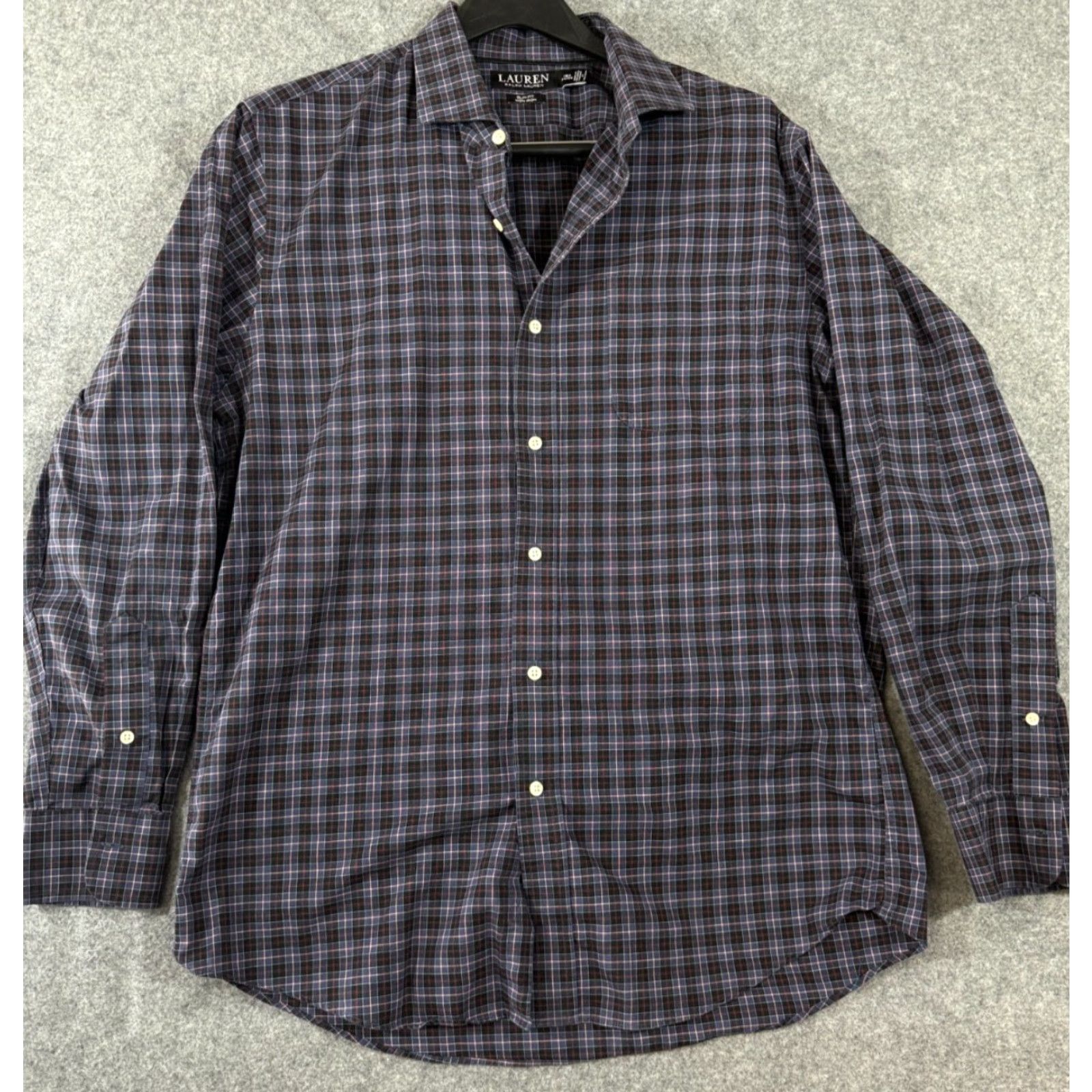 Lauren Ralph Lauren Shirt Mens 16.5(34-35) Blue Black Plaid Non-Iron Slim  Fit Long