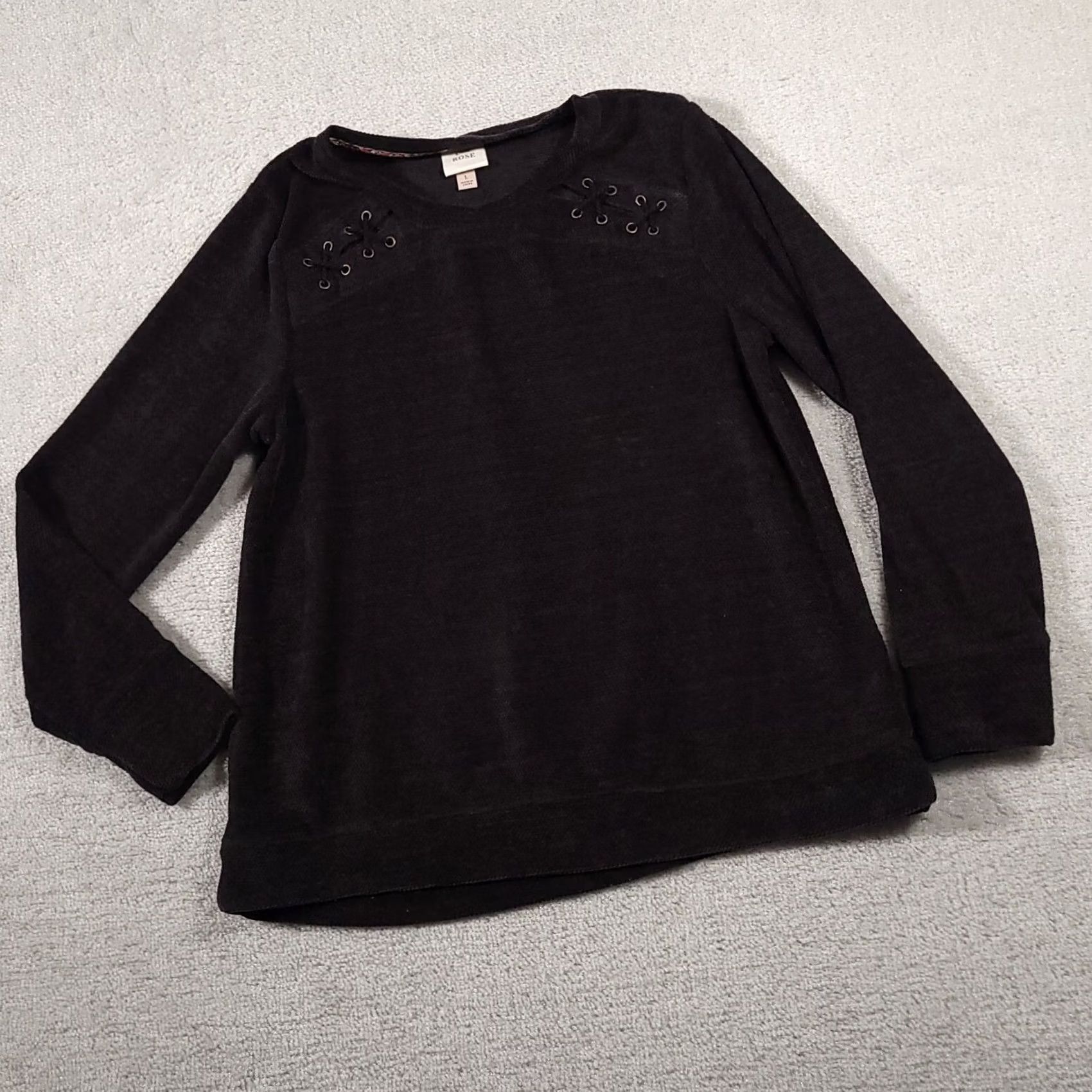 Vintage Knox Rose Sweater Women's Large Black Round Neck Laced Shoulders Knit Pullover Rose Casual Size L / US 10 / IT 46 - 2 Thumbnail