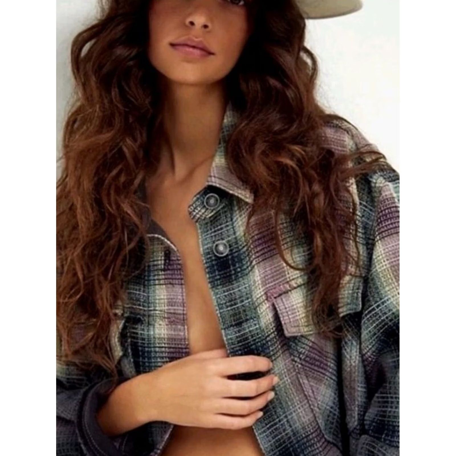 Free People Free People Anneli Shirt Shacket Oversized XS Green Purple Check Plaid Women Size XS / US 0-2 / IT 36-38 - 3 Thumbnail