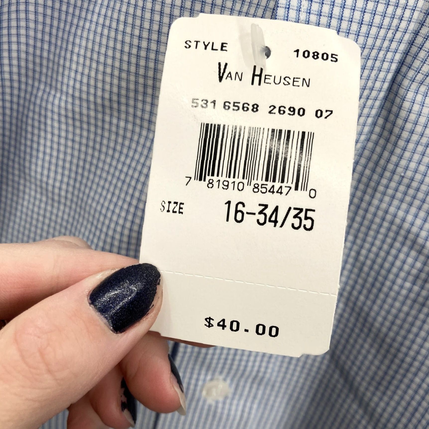 Van Heusen Van Heusen Shirt Mens 16 34/35 Blue Check Broadcloth Button-Down Dress Cotton Shirt Mens Size 42R - 5 Thumbnail