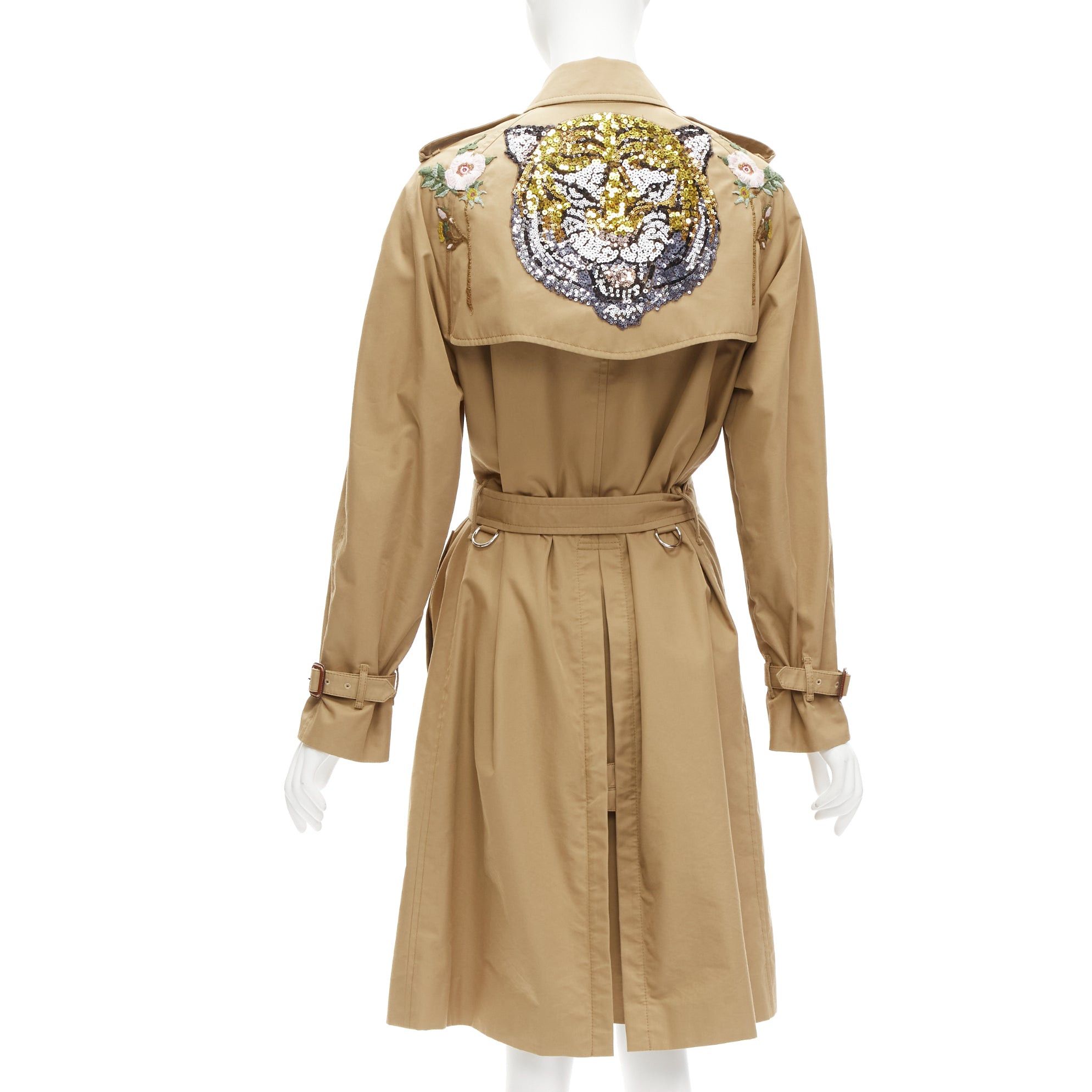 image of Gucci Gold Sequins Tiger Flower Embroidery Beige Belted Trench Coat It38 Xs, Women's