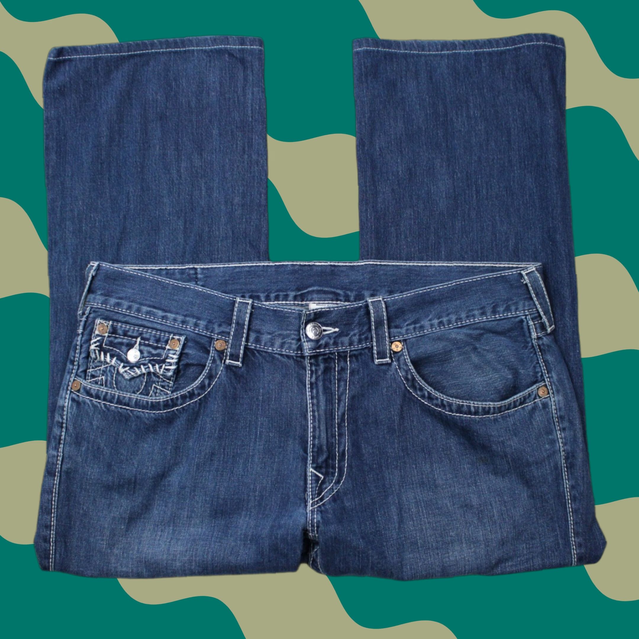 True Religion Jeans Bootcut Mens 38 Blue 28" Inseam Denim 5-Pocket Regular Size Brand USA World Tour