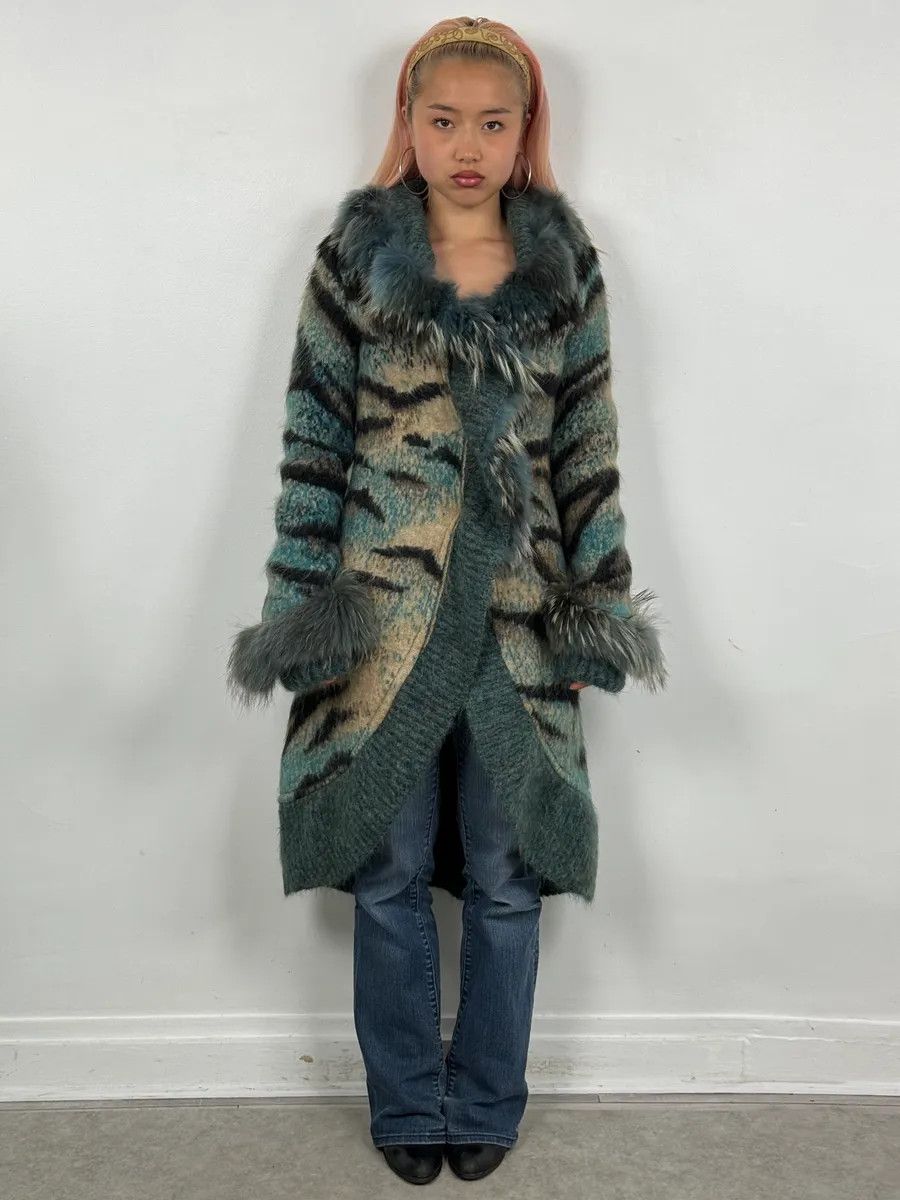 Roberto Cavalli 2000s Roberto Cavalli Turquoise Wool Abstract Savage Fur Coat Size M / US 6-8 / IT 42-44 - 2 Thumbnail