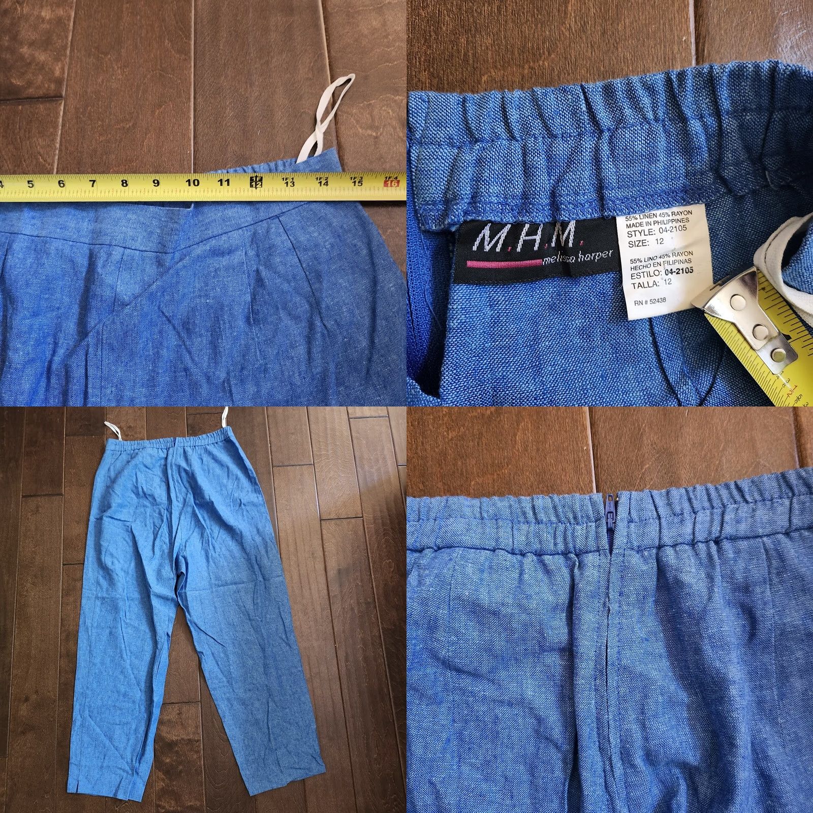 Vintage Melissa Harper Women's Pants - Blue Heathered - Size 12 - Regular Fit - Rayon Linen - Zip Closure - Machine Washable - Casual Travel - Women Size 34" / US 12 / IT 48 - 8 Thumbnail