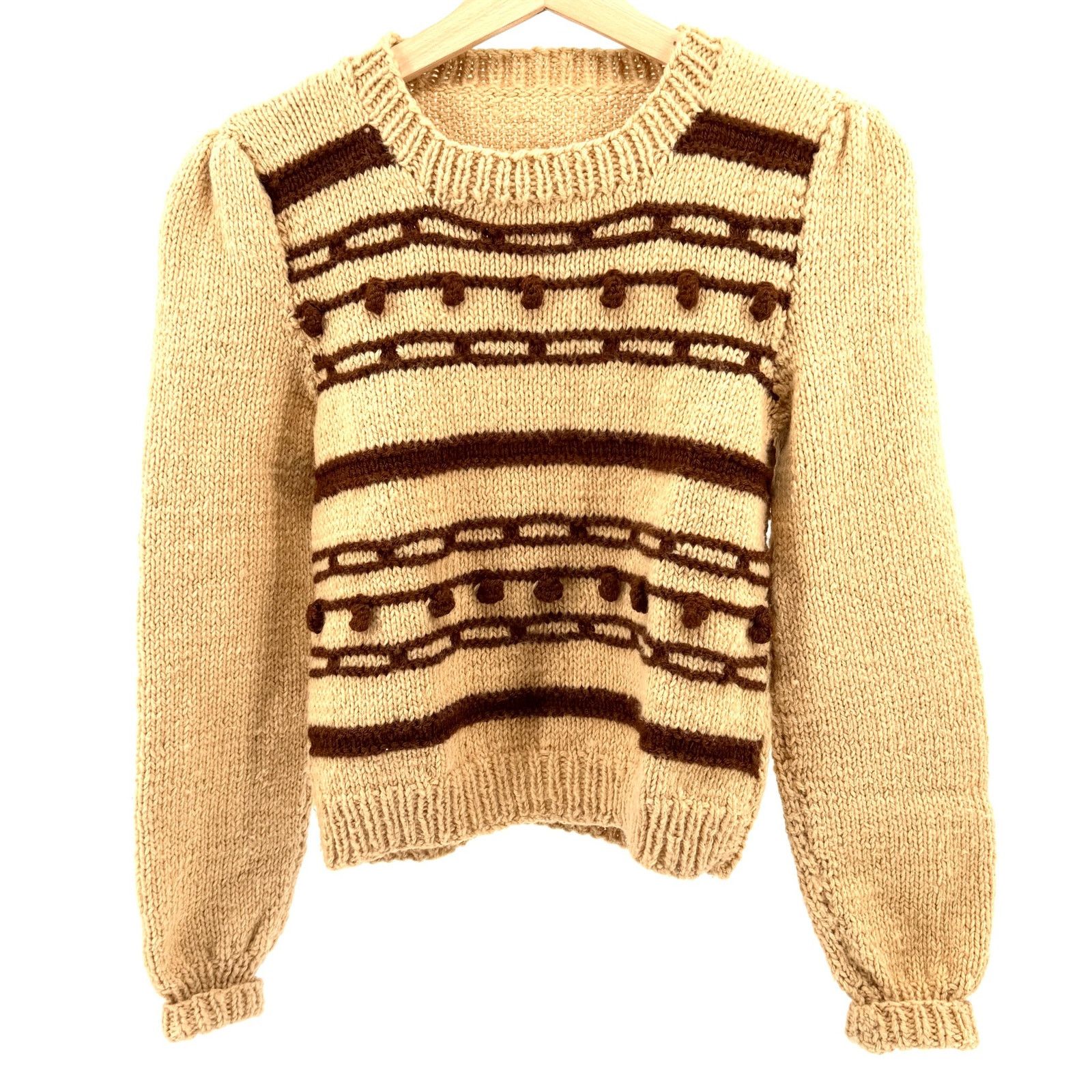 Vintage Handmade 70s Tan Brown Bobble Knit Puff Sleeve Sweater Size XS / US 0-2 / IT 36-38 - 1 Thumbnail