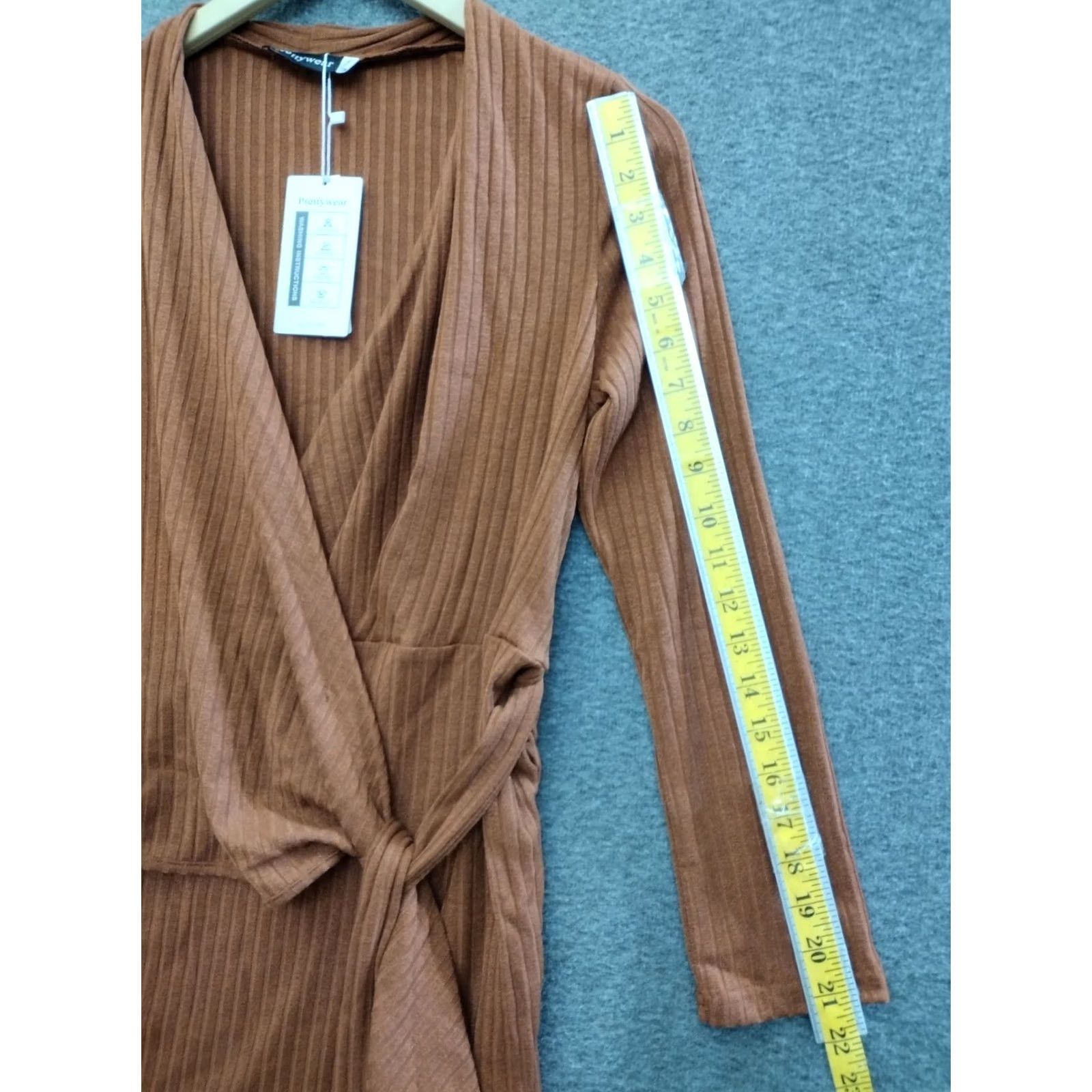 Vintage Prettywear Women's Ribbed Long Sleeve Mini Dress Light Brown Dress, V-Neck, Tie, Short, Blended Fabric, Casual, Party, M, Brown, Womens Size M / US 6-8 / IT 42-44 - 5 Thumbnail