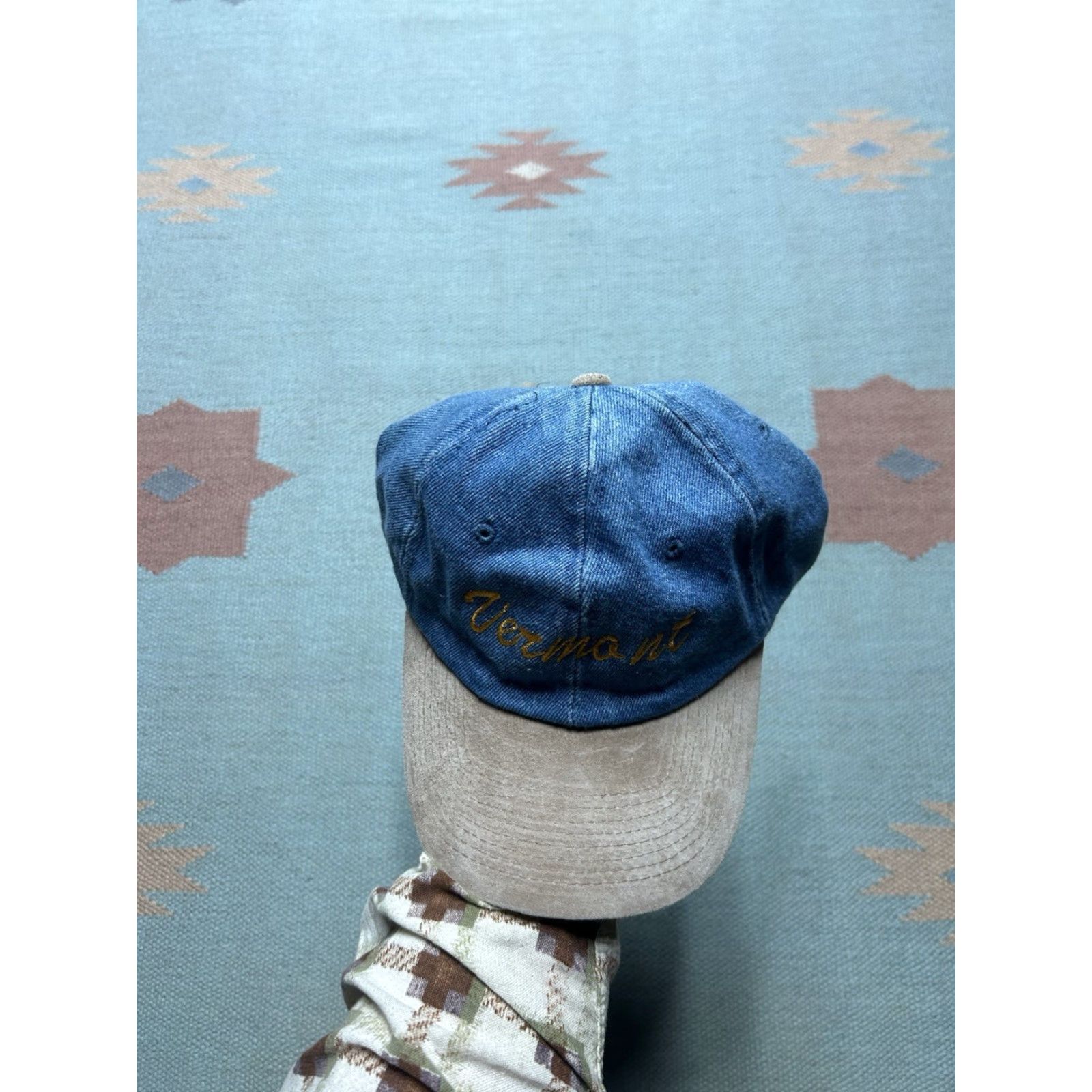 Denime VINTAGE Strapback hat cap Vermont denim embroidered suede bill adjustable Men's Adjustable Blue Denim Suede Vermont Strapback cap Hats Mens Size ONE SIZE - 3 Thumbnail