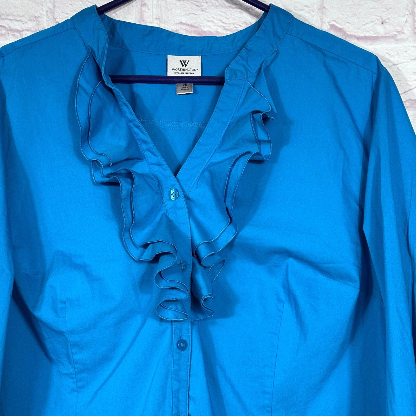 Worthington Worthington Women's Ruffled Blue Blouse Size 2X Size XXL / US 16-18 / IT 52-54 - 2 Thumbnail