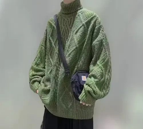 image of Vintage Tylish Futuristic Turtleneck High Collar Knitwear in Green, Men's (Size Large)