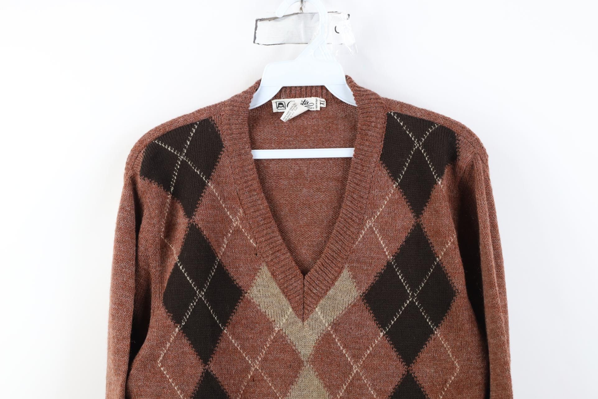 Vintage Vintage 70s Streetwear Wool Blend Argyle Diamond Sweater Size XL / US 12-14 / IT 48-50 - 2 Thumbnail