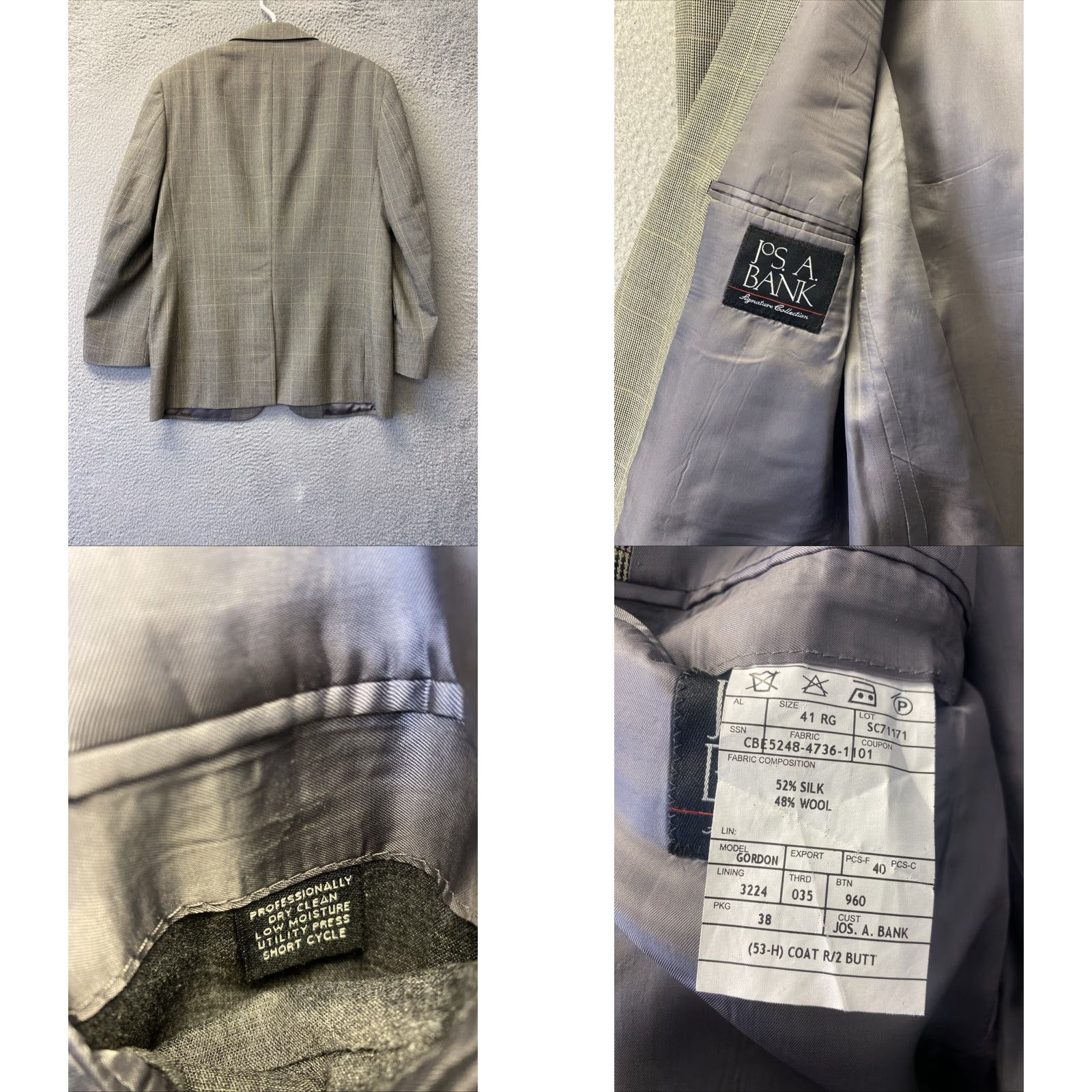 Jos. A. Bank Jos. A. Bank Suit Jacket Coat Mens 41R Tailored Fit Plaid Gray Two Button Notch Lapel Short Wool Dry Clean Only Size 42R - 8 Thumbnail