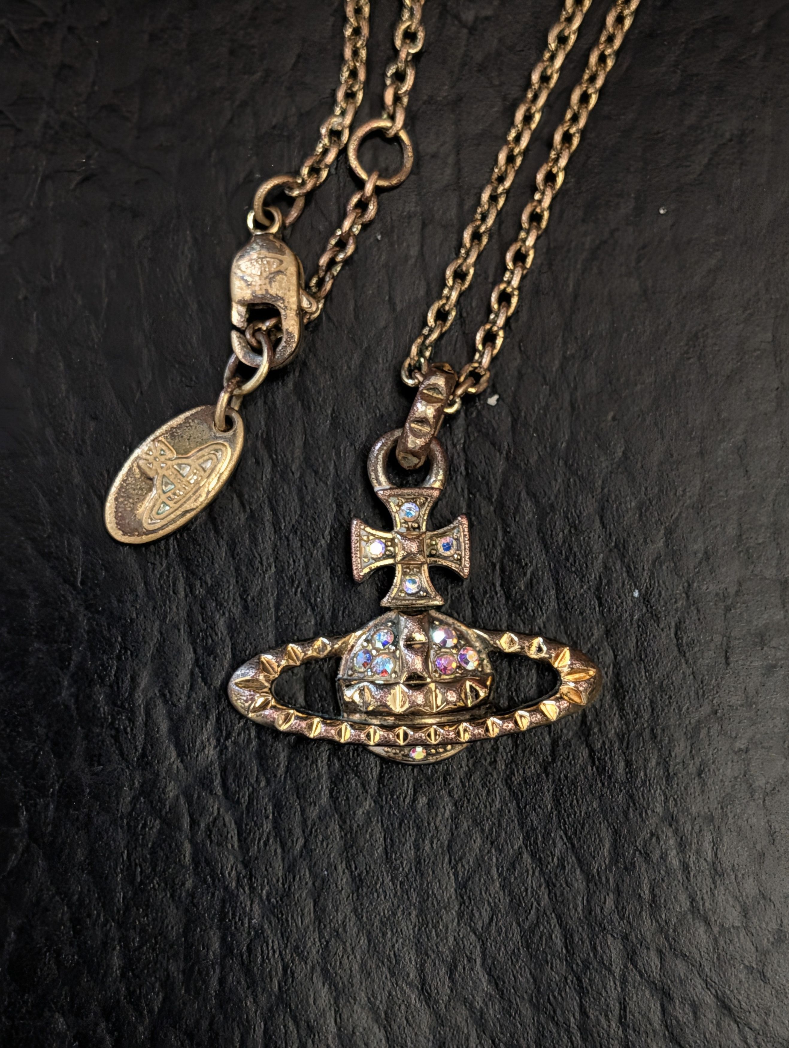 VTG gold-tone orb necklace w crystals 20"