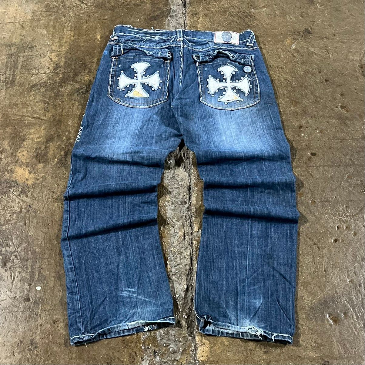 Pre-owned Affliction X Jnco Crazy Y2k Affliction Style Cross Jeans Baggy Skater Wide Leg In Blue