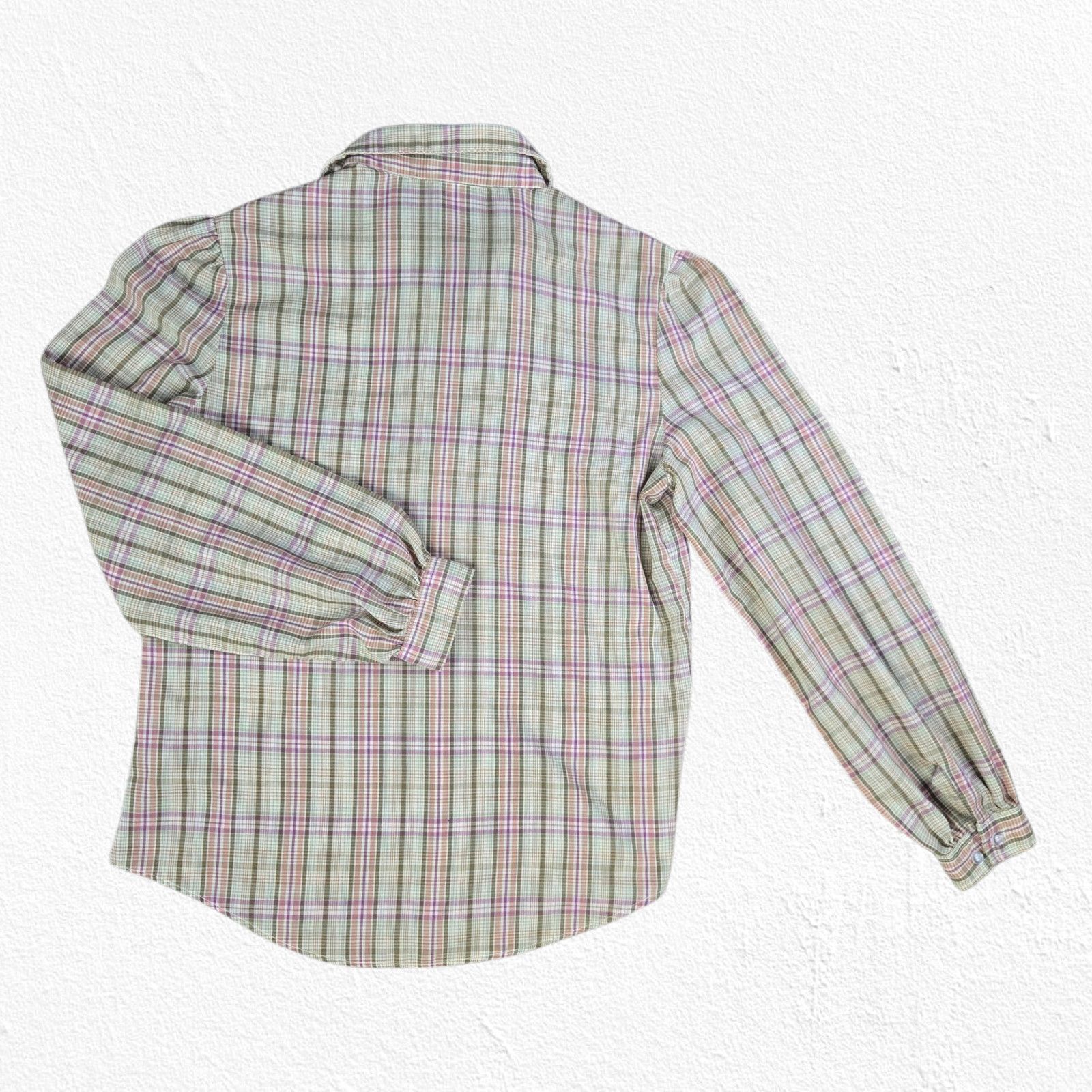 Vintage 1970s Cream Plaid Puff Sleeve Blouse Prairie Top Size 12 Size XL / US 12-14 / IT 48-50 - 8 Thumbnail