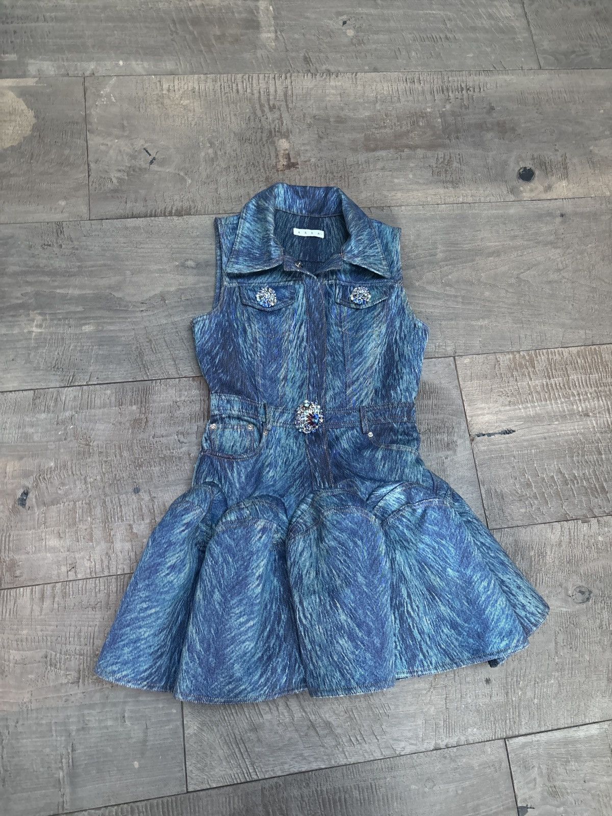 Area AREA Fur-Print Denim Sleeveless Godet Mini Shirtdress | Grailed