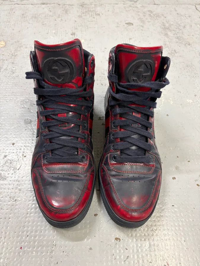 Gucci Gucci Red Black Leather Logo High-Top Sneakers Size US 6.5 / IT 36.5 - 2 Thumbnail