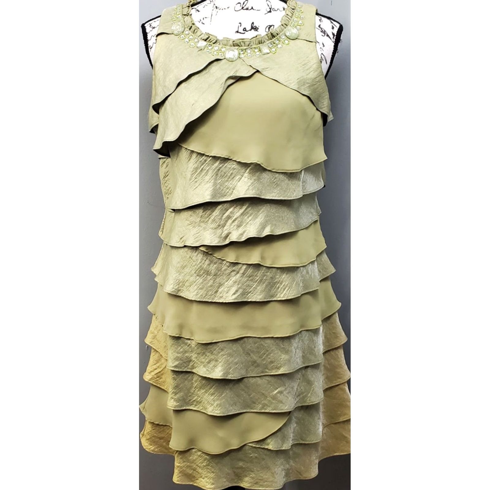 Vintage S.L. Fashions Tiered Dress Womens 14 Green Ruffle Embellished Jewel Neck Detail Dress Size XL / US 12-14 / IT 48-50 - 2 Thumbnail