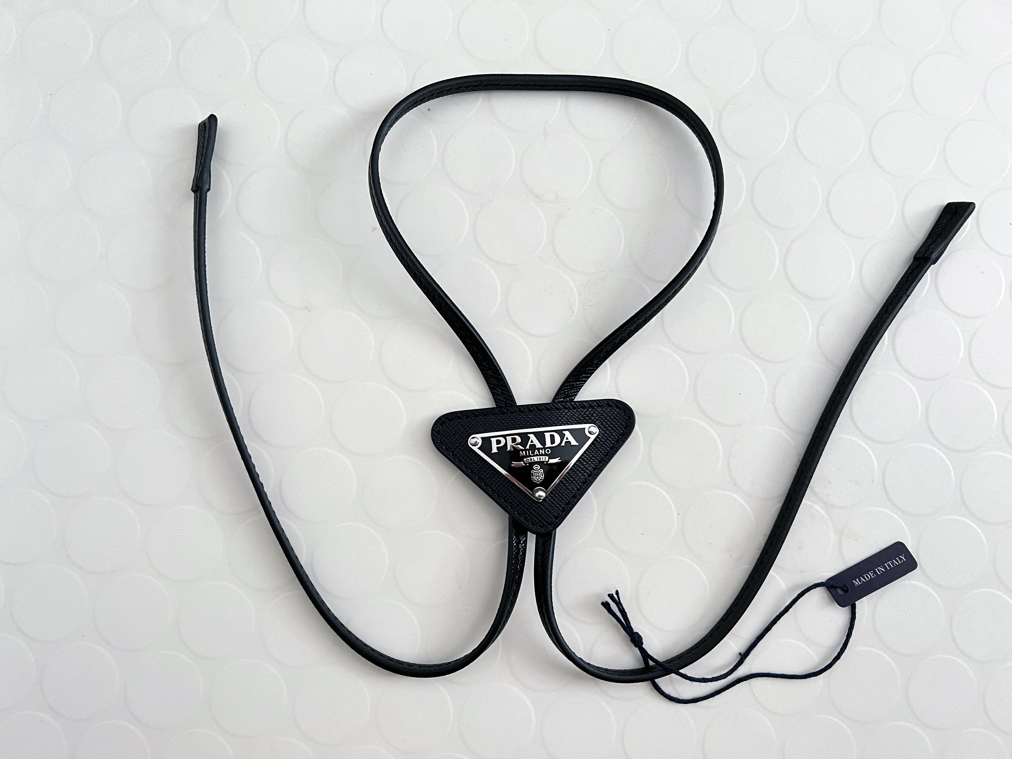 image of Prada Boxed Black Saffiano Leather Bolo Tie, Men's