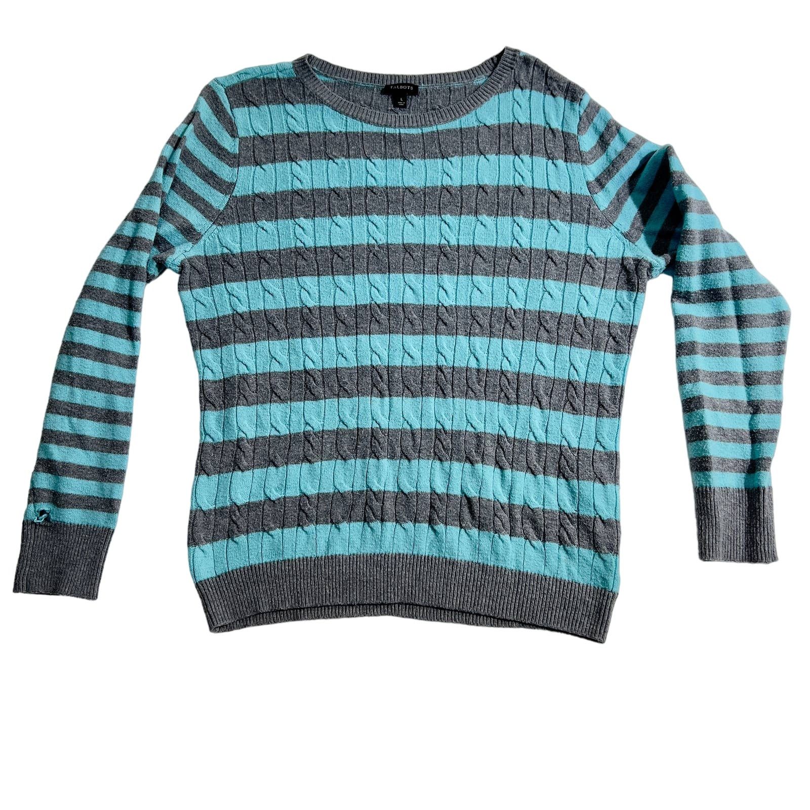 Robert Talbott Sweater Talbots Woman L 30% Lambswool Cable Teal Grey Stripe Size L / US 10 / IT 46 - 1 Thumbnail