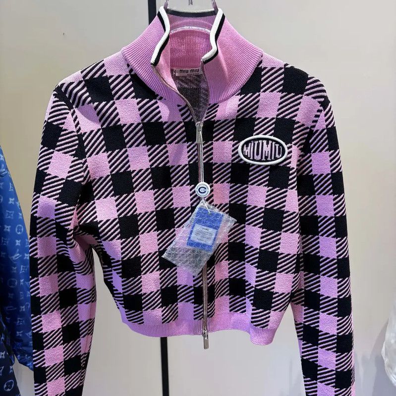 Miu Miu Miu Miu Pink Checkered Cropped Cardigan 0089 Size S / US 4 / IT 40 - 1 Thumbnail