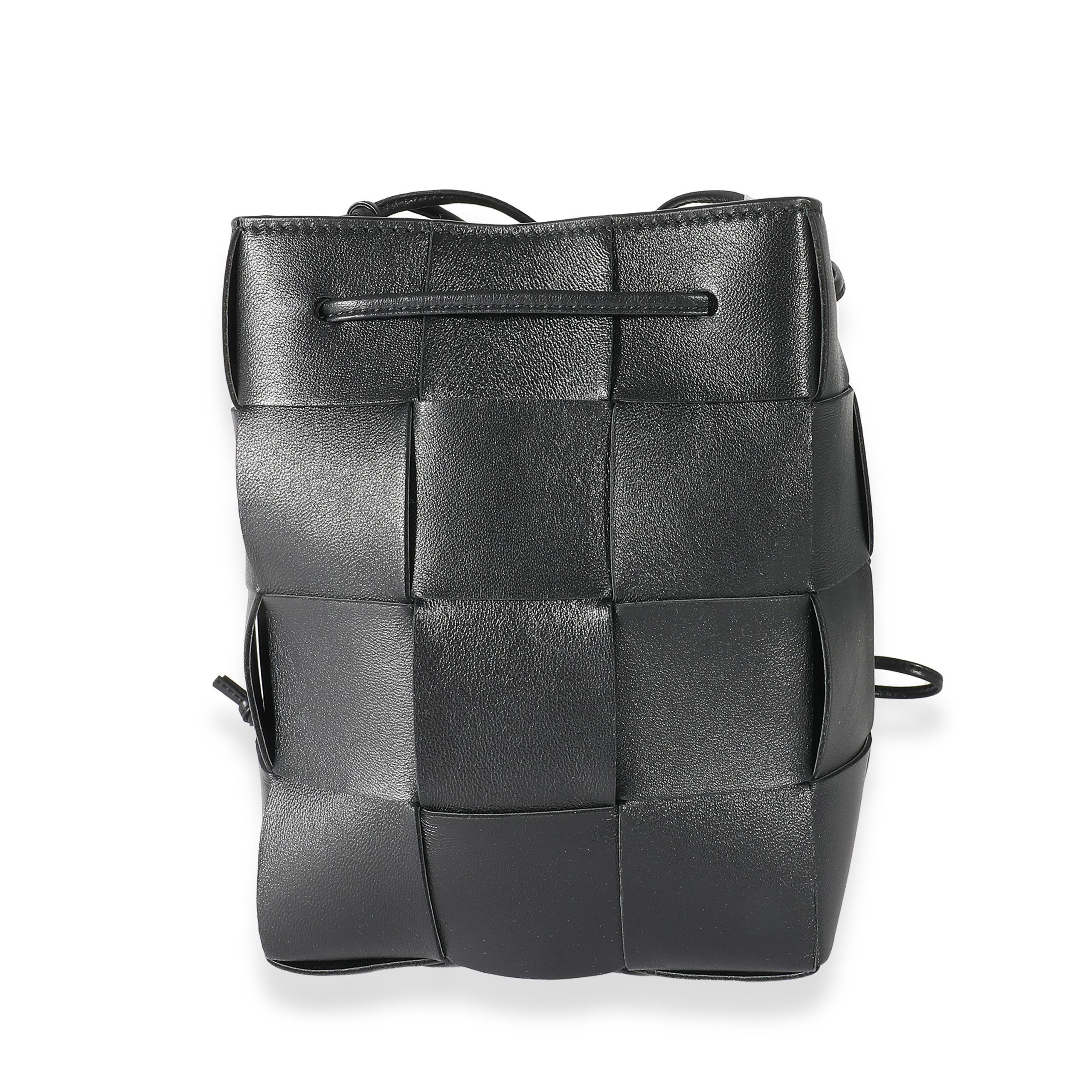 image of Bottega Veneta Black Intrecciato Lambskin Small Cassette Crossbody Bucket, Women's