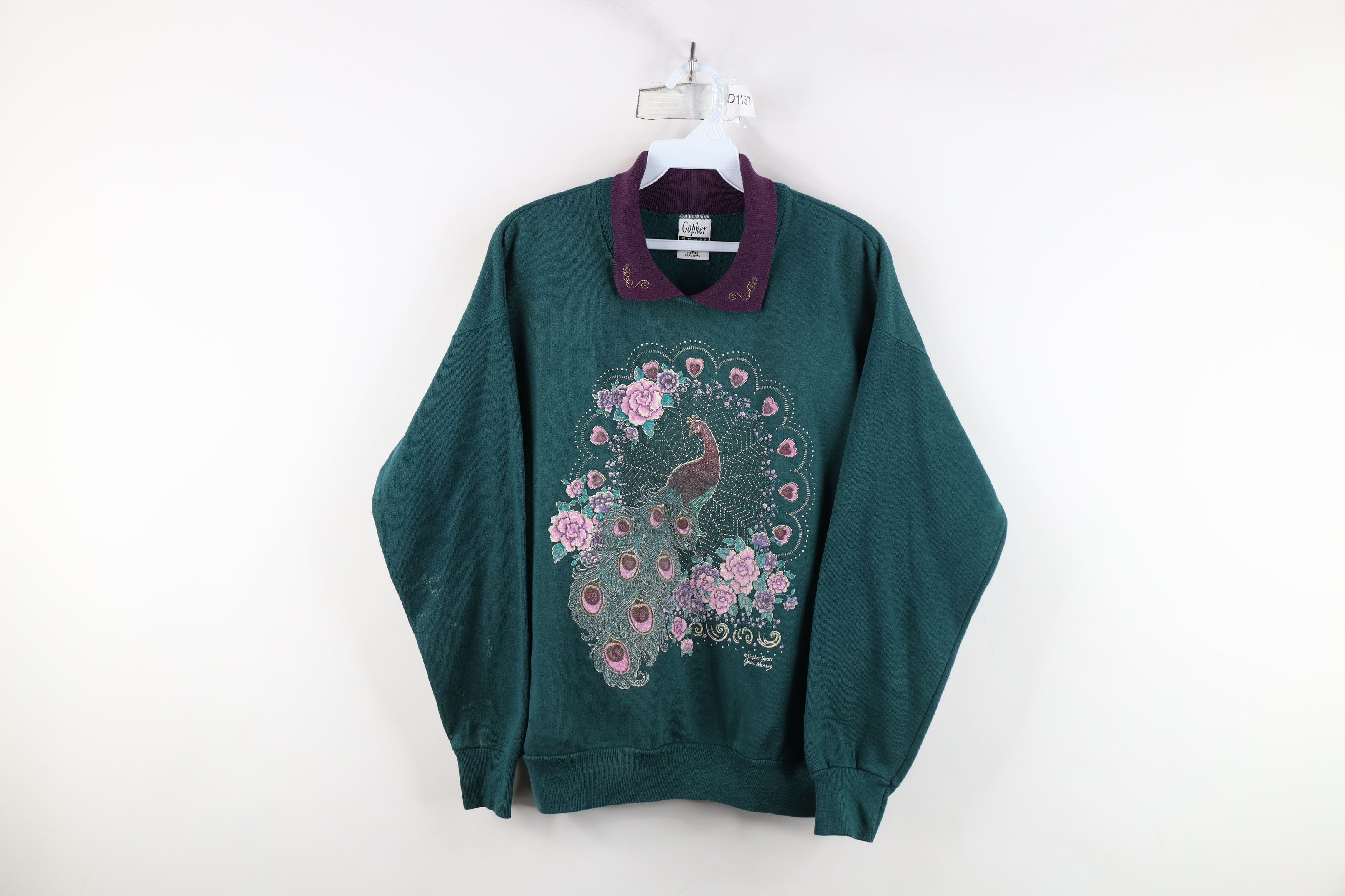 Vintage Vintage 90s Streetwear Peacock Flower Collared Sweatshirt Size L / US 10 / IT 46 - 1 Thumbnail