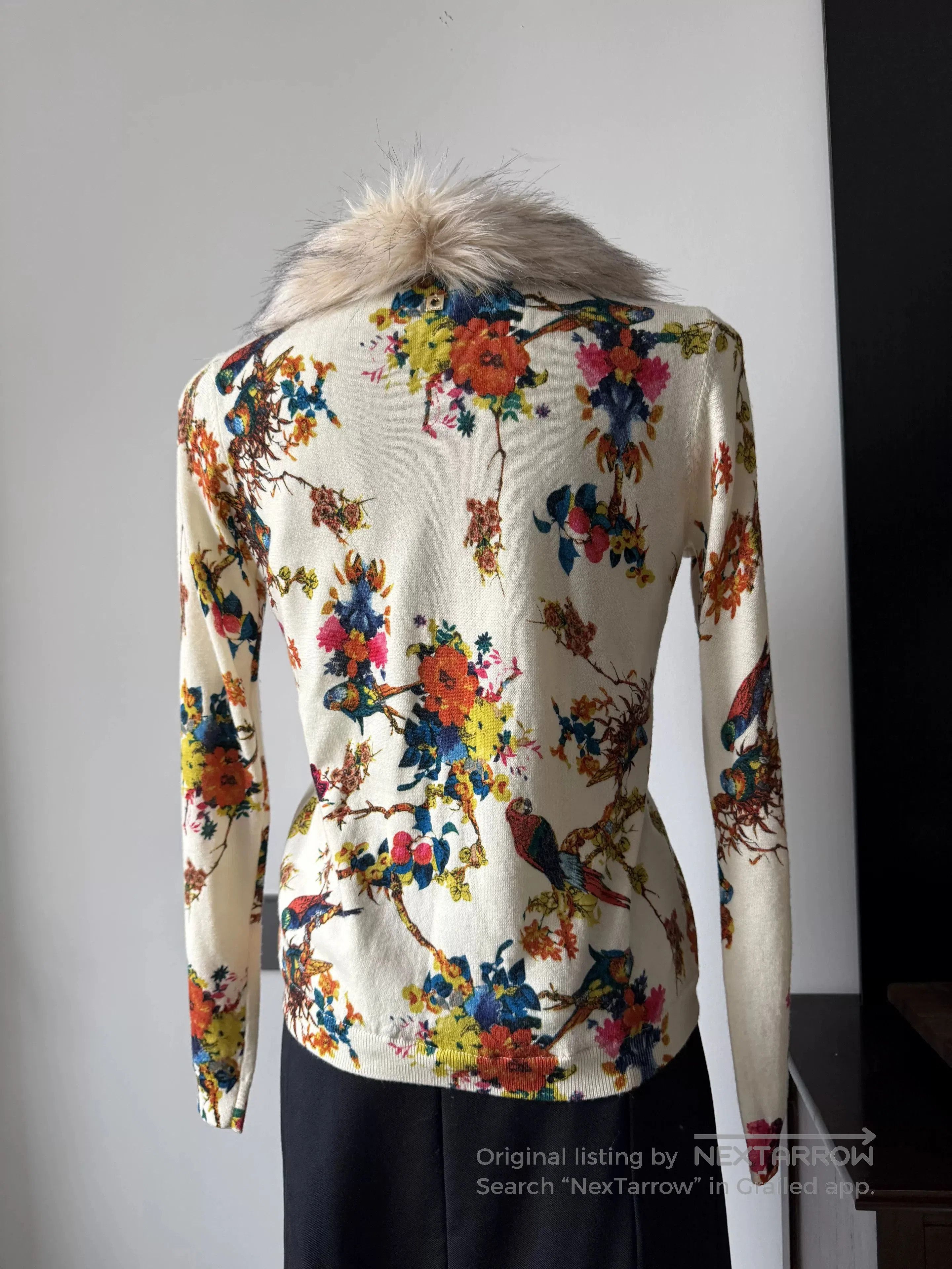TWINSET TWINSET Floral Bird Embroidery Fur Collar Knit Jacket. Size M / US 6-8 / IT 42-44 - 8 Thumbnail