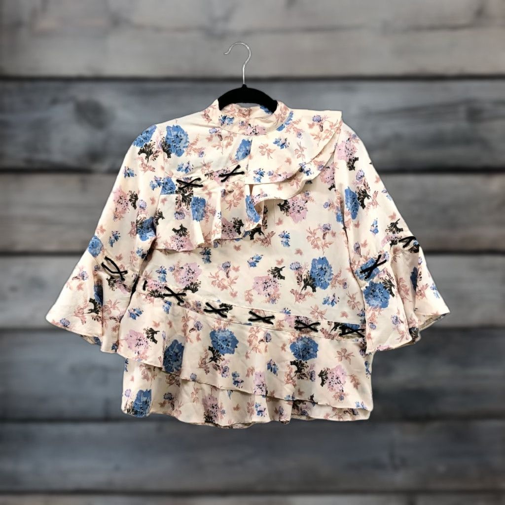 Asos ASOS Blouse Womens 2 Cream Floral 3/4 Bell Sleeve Asymmetric Tiered Ruffle Size XS / US 0-2 / IT 36-38 - 1 Thumbnail
