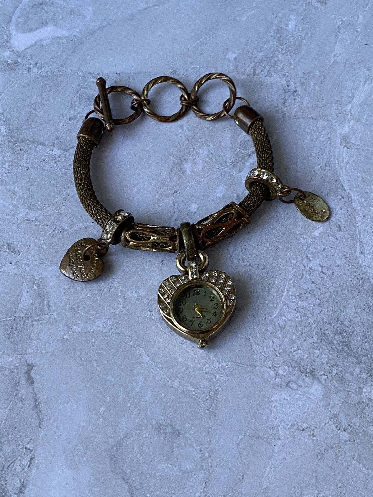 Japanese Brand × Vintage Vintage Heart Charm Bracelet Watch with Rhinestones Size ONE SIZE - 1 Thumbnail