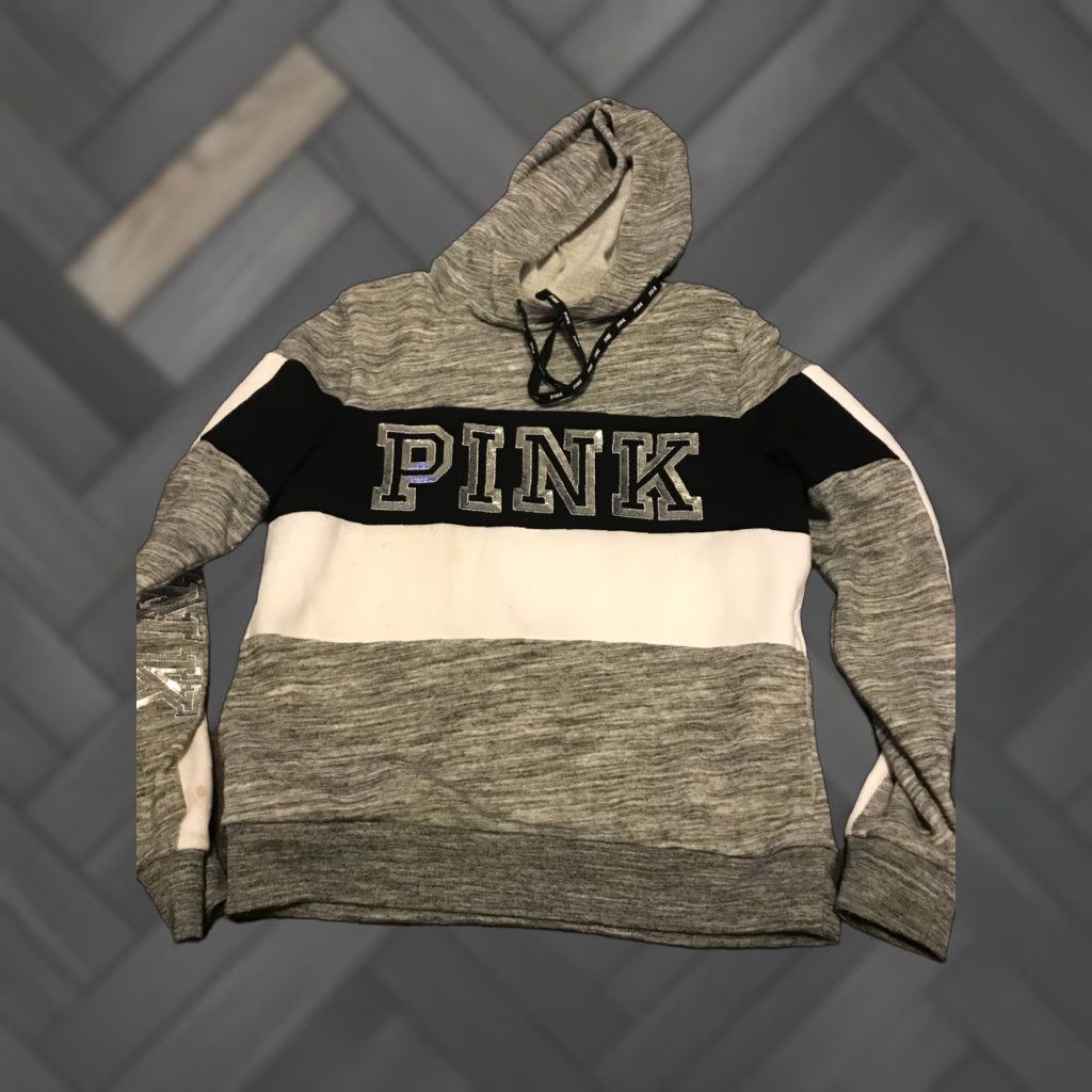 Vintage Victoria Secret PINK Women's Hooded Pullover Sweatshirt M Light Gray Bling Size M / US 6-8 / IT 42-44 - 1 Thumbnail
