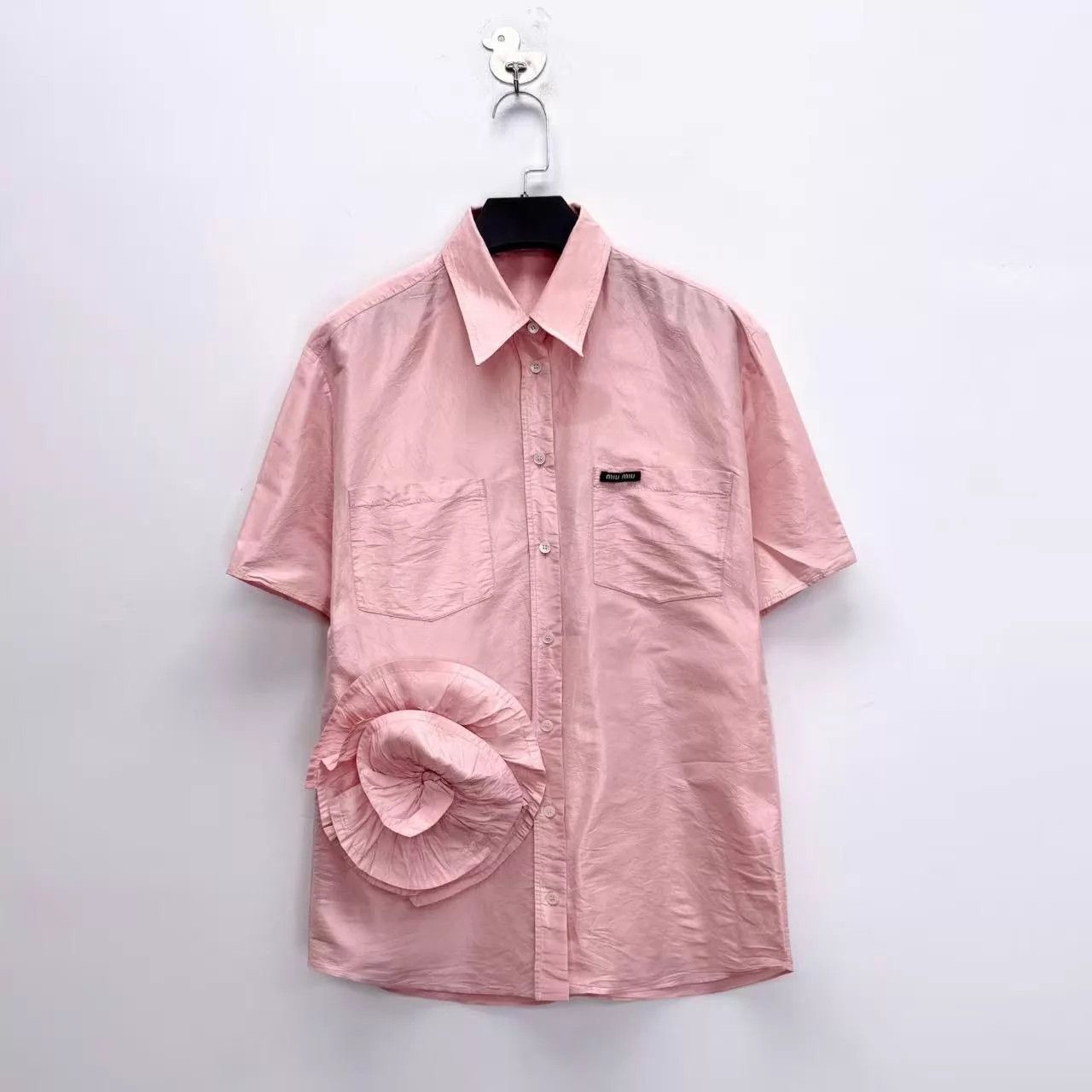 Miu Miu MIU MIU Light Pink Silk Floral Logo Short-Sleeve Size S / US 4 / IT 40 - 1 Thumbnail