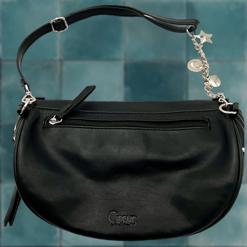 Circus By Sam Edelman Crossbody Purse Black Studded Saddle Bag, Small, Faux Leather, Zip, Quilted, Bag Charm, Women