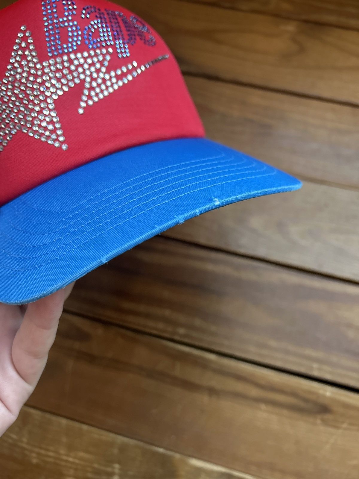 Bape × Swarovski × Vintage Bape x Swarovski 2006 Nigo Era Red Blue Trucker Hat Size ONE SIZE - 3 Thumbnail