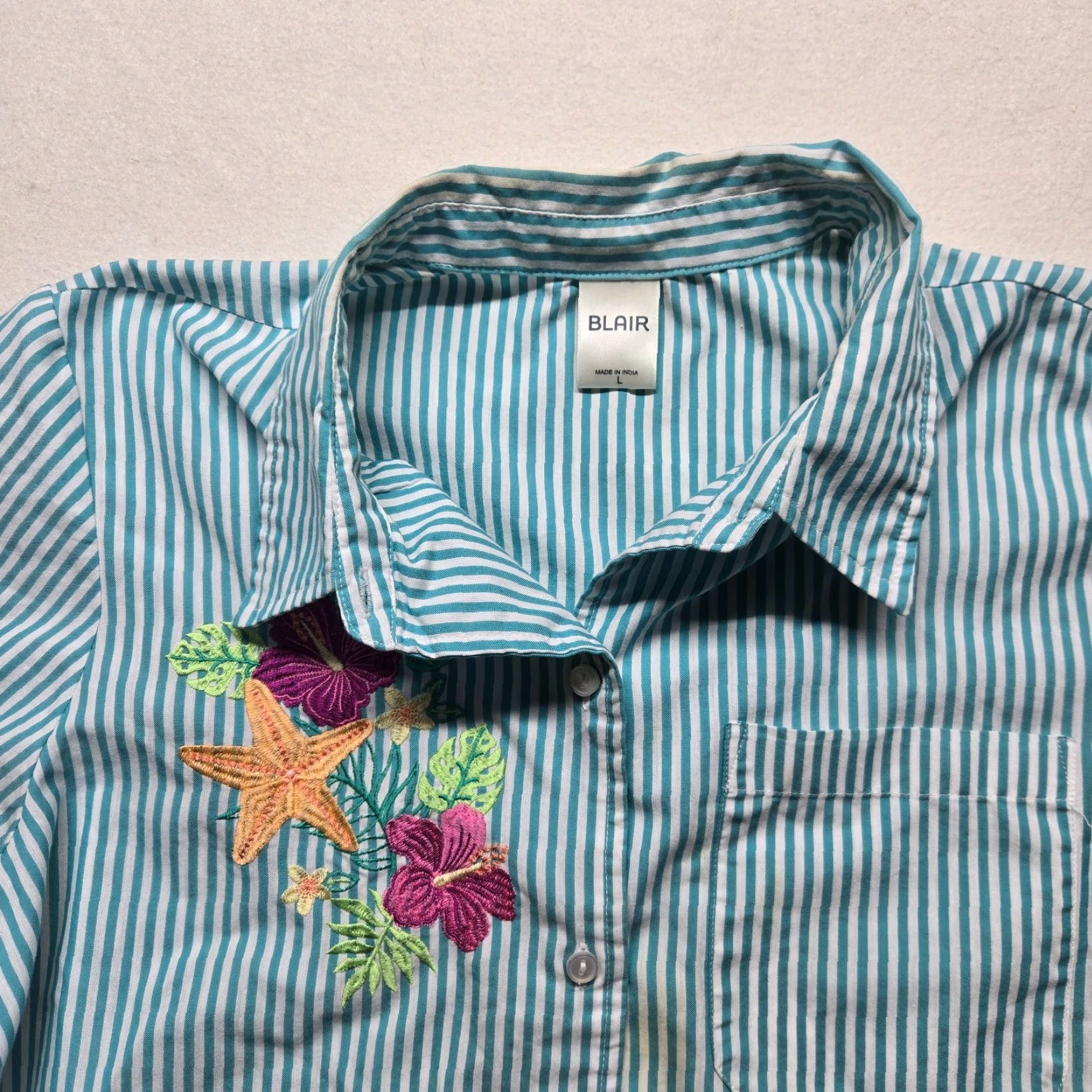 Blair VINTAGE Blair Floral Blue Striped Cotton Button-Up Shirt Women L Summer Spring Fall Embroidered Size L / US 10 / IT 46 - 2 Thumbnail
