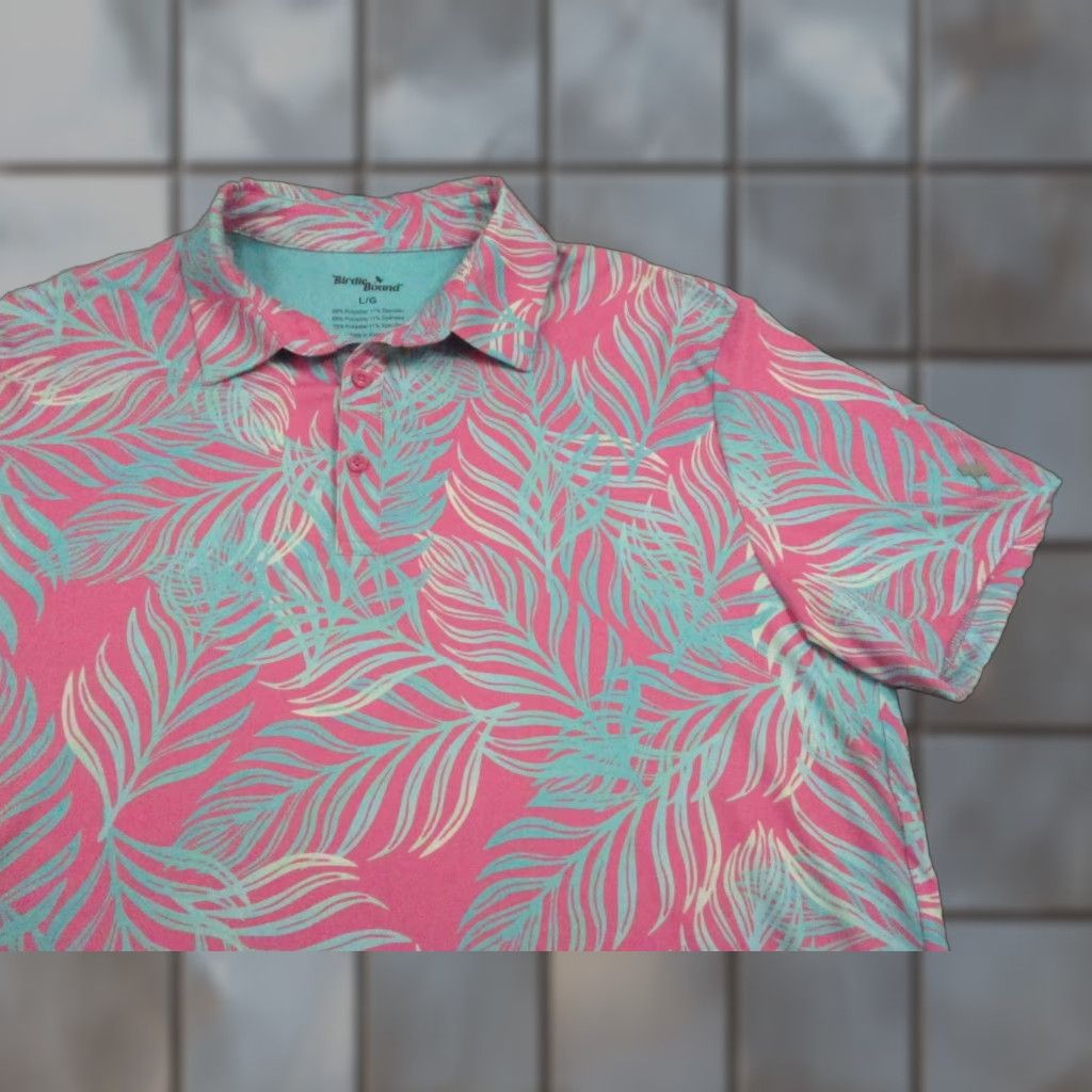 Vintage Birdie Bound Polo Shirt Mens L Pink Teal Palm Leaf Print Golf Stretch Shirts Size US L / EU 52-54 / 3 - 1 Thumbnail