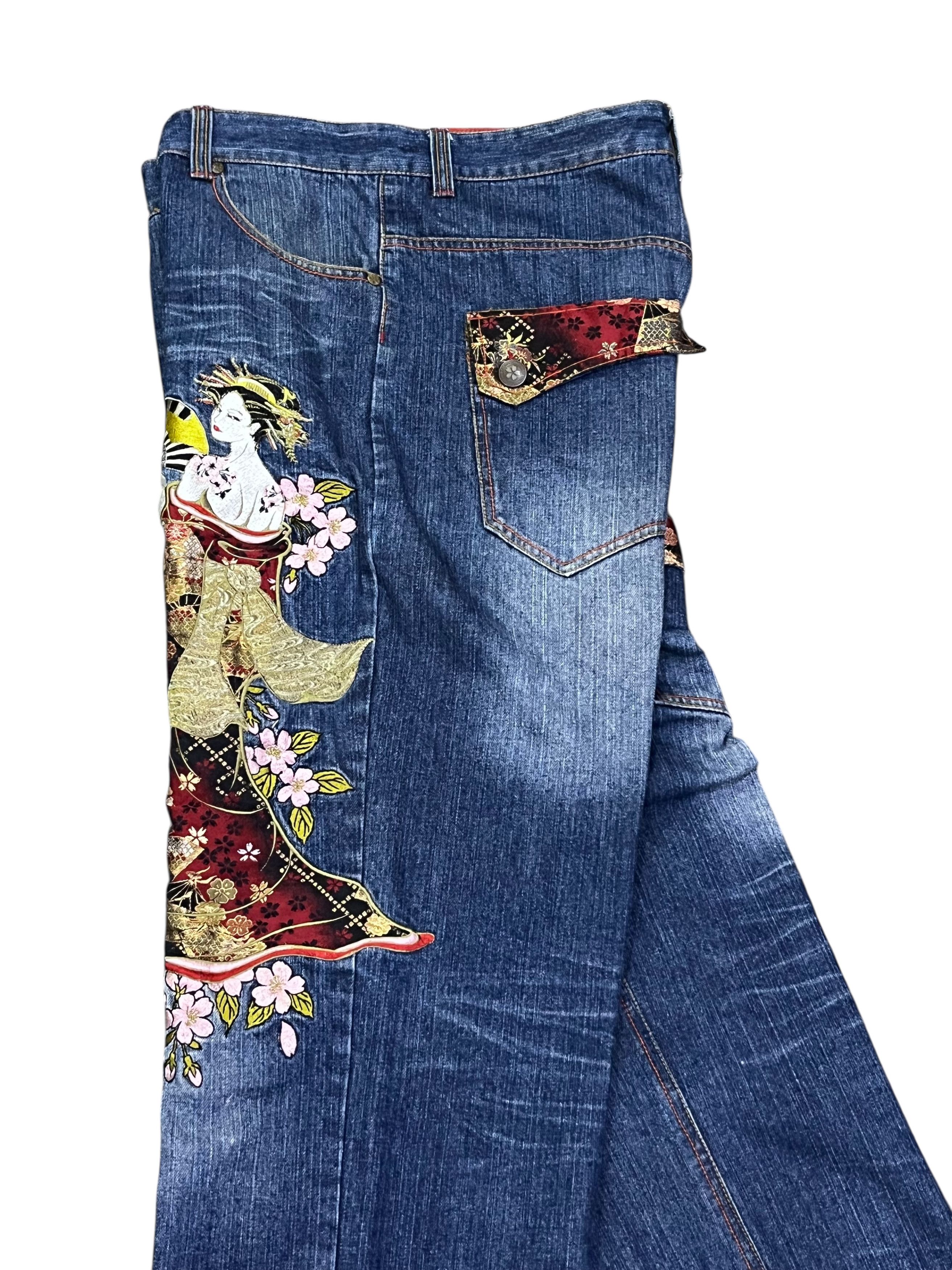 Addict Clothes Japan GEISHA & SAKURA Big Embroidery Baggy Fit Karakuri Denim Jpn Size US 35 - 14 Thumbnail
