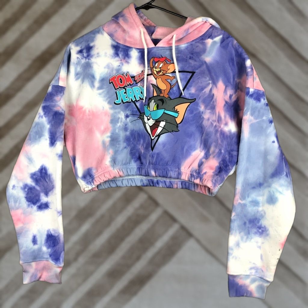 Vintage Tom & Jerry Womens Sweatshirt Tie Dye Cropped Hooded Y2K XL Pink Sweater Pullover Hooded Graphic Print Casual Streetwear Shirt Womens XL Size XL / US 12-14 / IT 48-50 - 1 Thumbnail