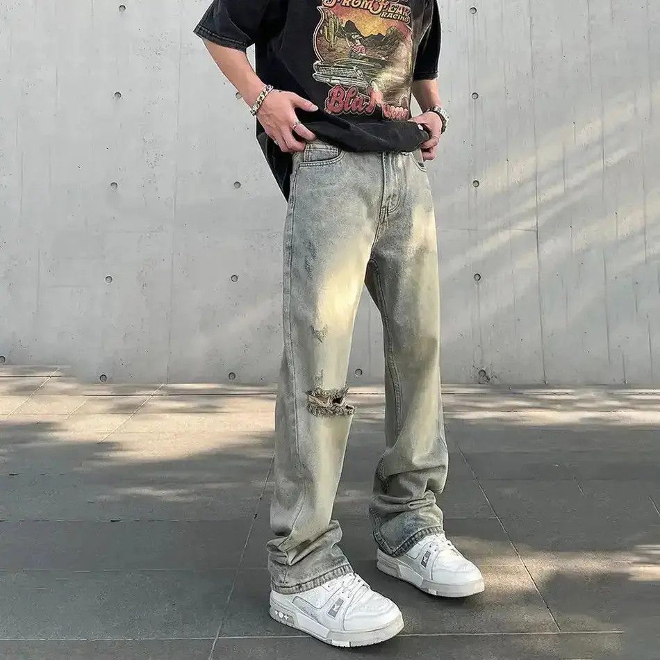 Japanese Brand Ripped Jeans Y2k Streetwear Straight-leg Hombre Pantalones Size US 32 / EU 48 - 1 Thumbnail
