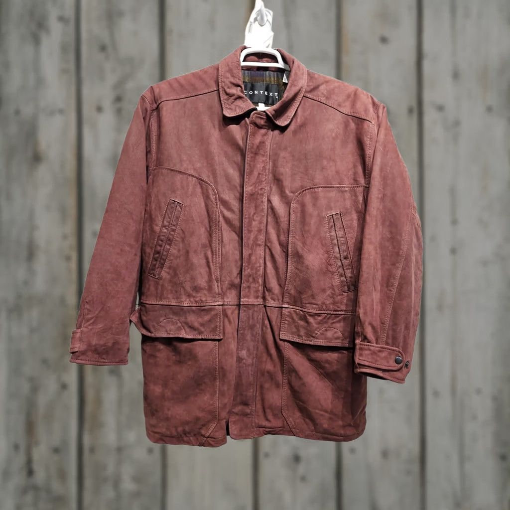 Vintage VINTAGE CONTEXT Leather Barn Coat Jacket Mens Long Overcoat Large Red/Purple - 33" Long, 22" Shoulder, 23" Pit to Pit Size US L / EU 52-54 / 3 - 1 Thumbnail