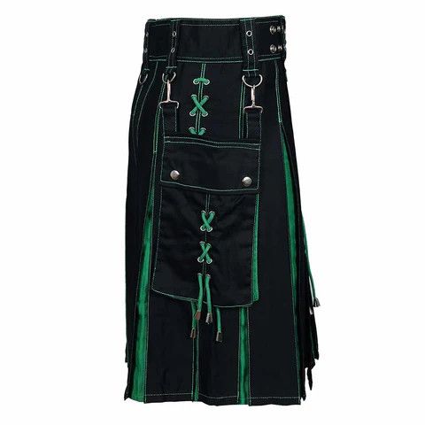 Other Fashion Utility Black Hybrid Kilt with Green Pleats Size US 40 / EU 56 - 1 Thumbnail
