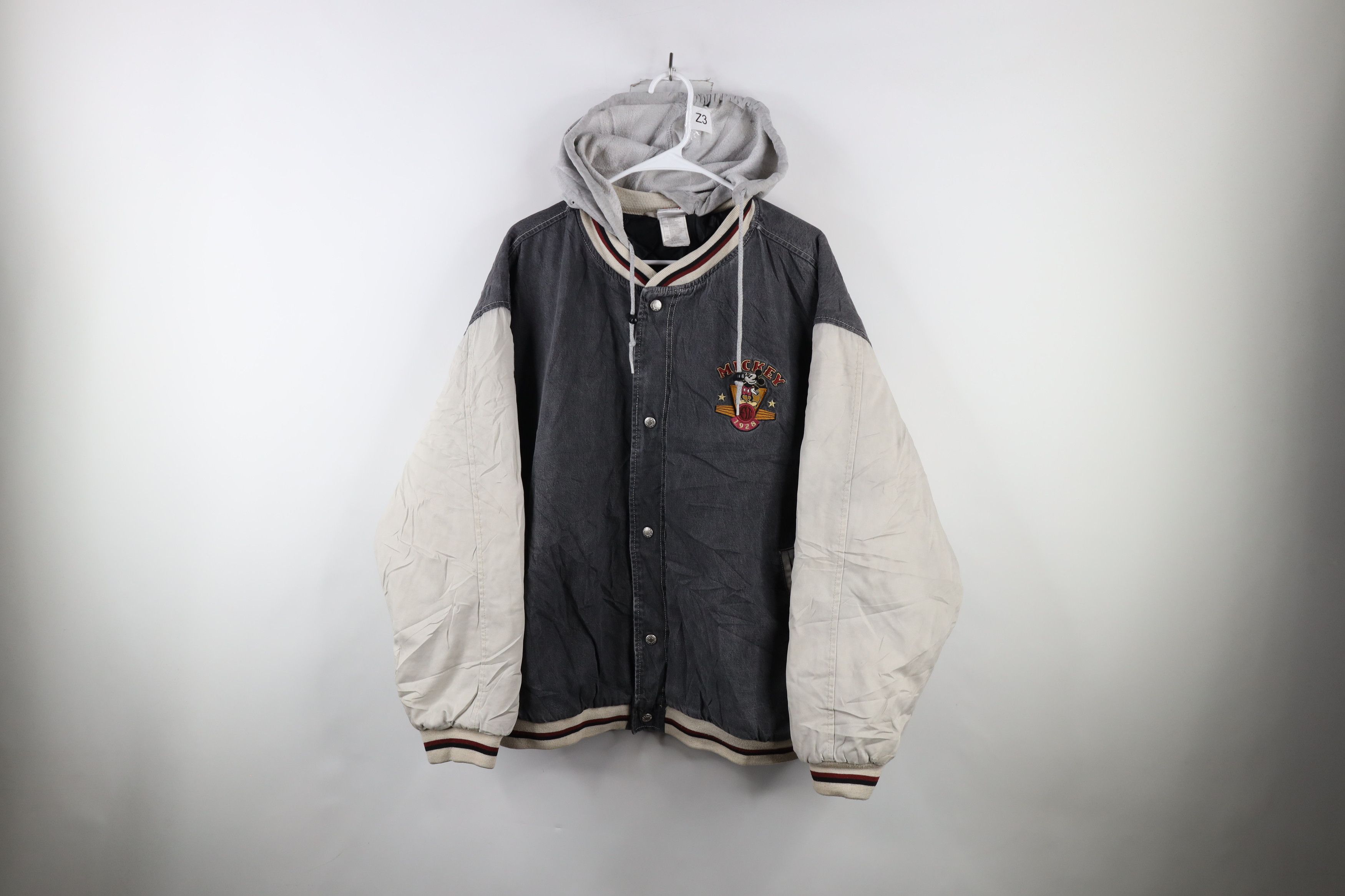 image of 90's Disney Denim Mickey Mouse Hooded Bomber Jacket in Grey, Men's (Size XL)