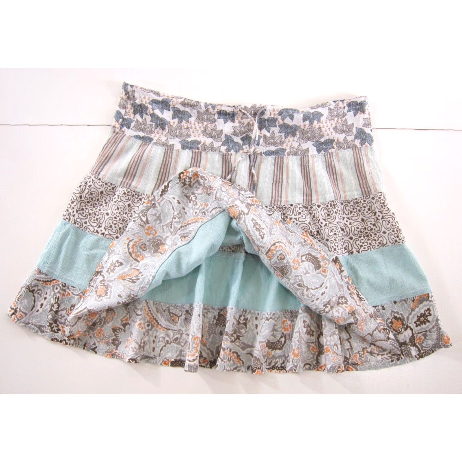 Vintage Columbia 100% Cotton Blue Brown Floral Paisley Drawstring A-Line Skirt Medium (Women) Knee Length Size 32" / US 10 / IT 46 - 6 Thumbnail