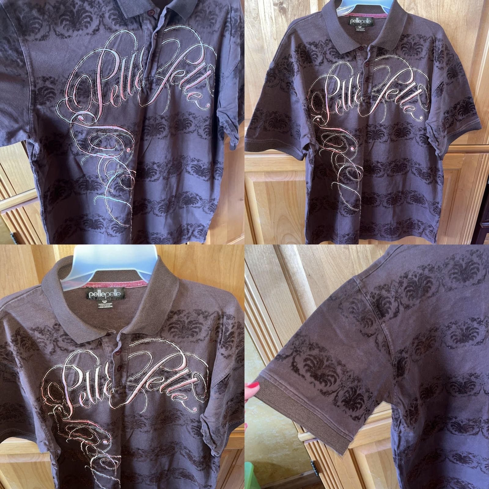 Pelle Pelle Pelle Pelle Polo Shirt Embossed Spell Out Velvet 3 Button Short Sleeve XL Men Brown with Pink & White Embroidery Size US XL / EU 56 / 4 - 8 Thumbnail