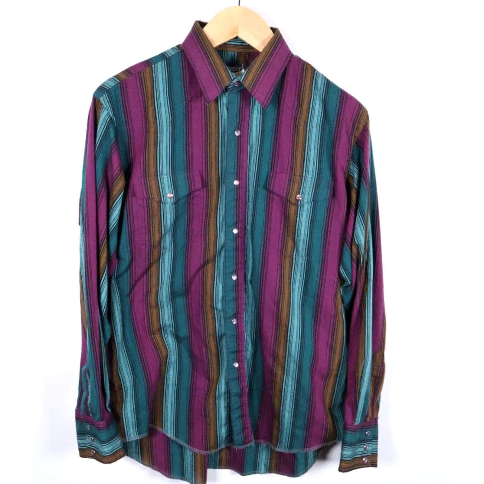 Wrangler VINTAGE Wrangler Cowboy Cut Shirt Men's 16.5 (Large) Purple Green Stripe Pearl Snap Shirt Mens Large Purple Stripe Cowboy Western 90s Clothing Size US L / EU 52-54 / 3 - 2 Thumbnail