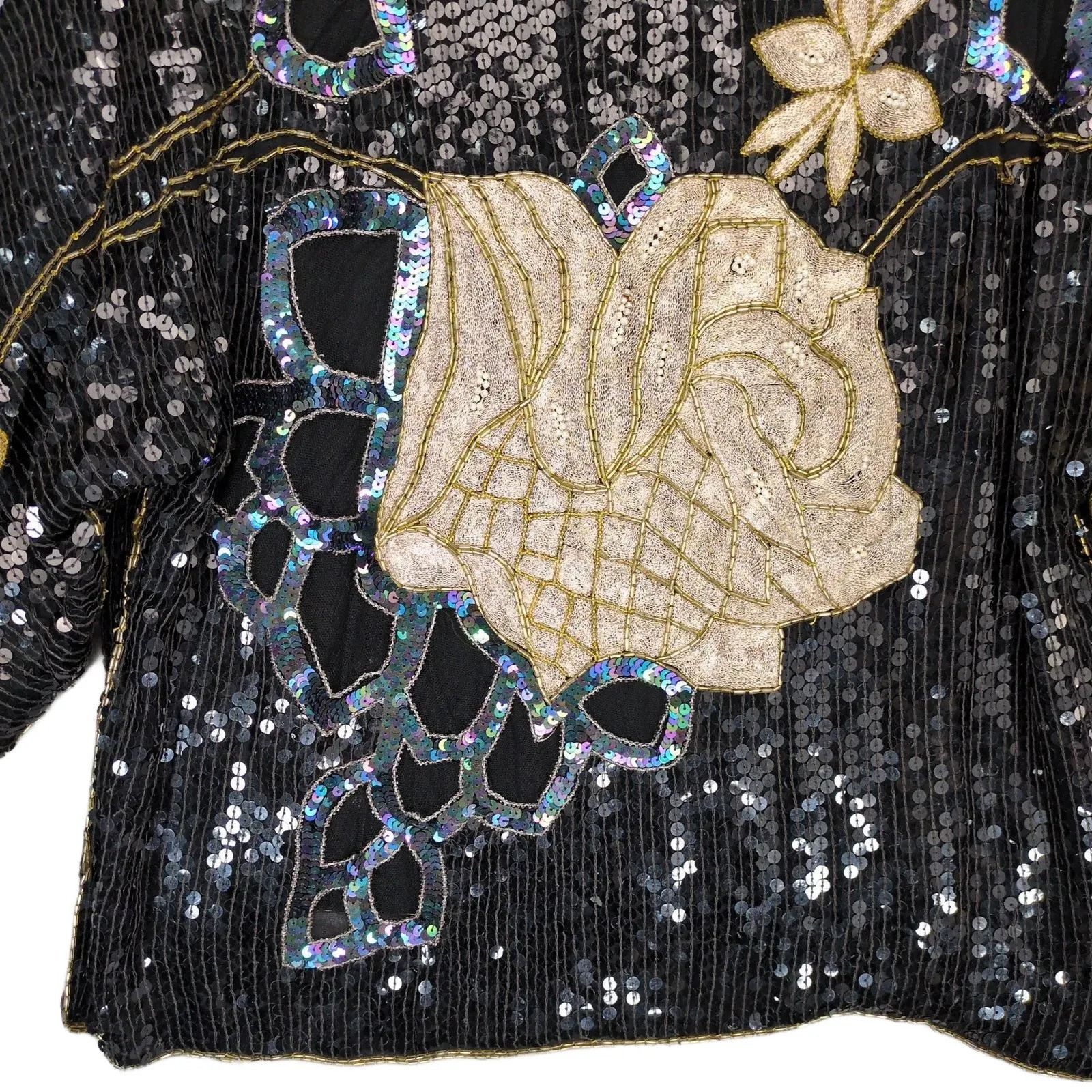 Vintage Star Group Sz M 100% Silk Black Sequin Beaded Gold Rose Top Size M / US 6-8 / IT 42-44 - 3 Thumbnail