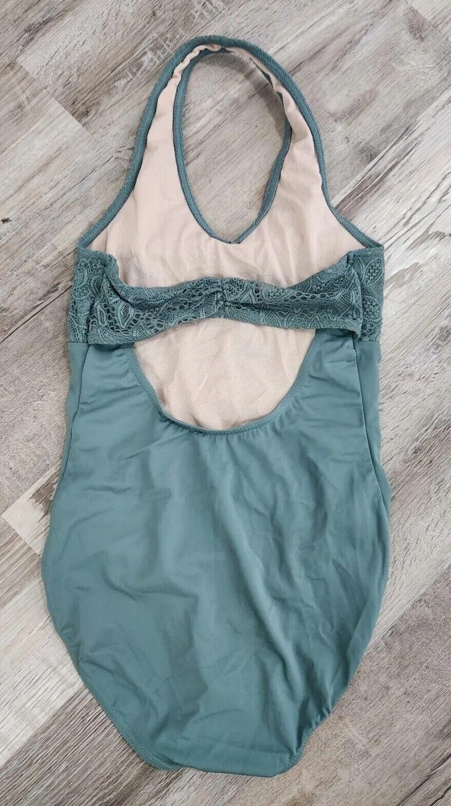 Designer Balera Leotard Girls Large 14 Sage Green Lace Open Back LC Size ONE SIZE - 2 Thumbnail