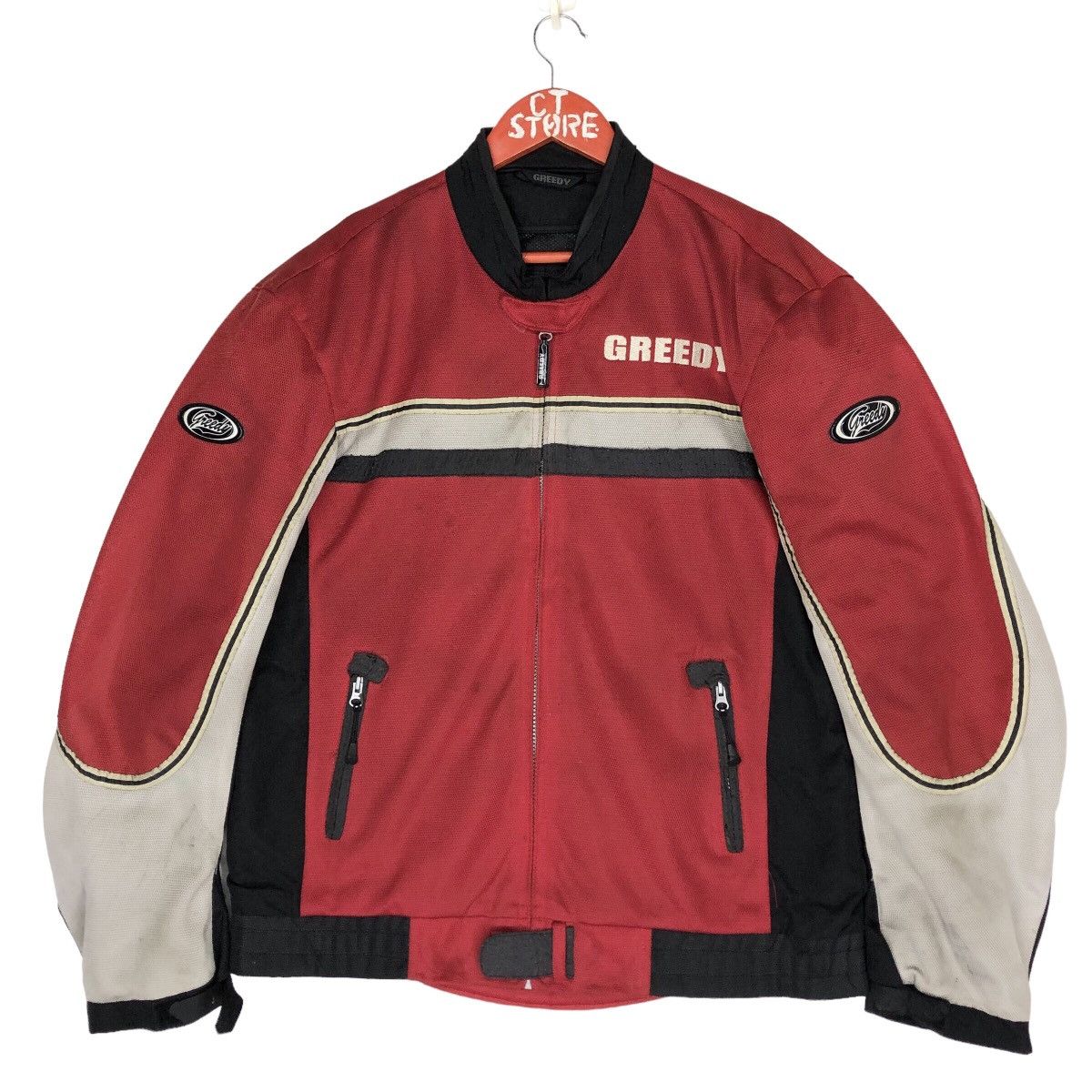 image of Greedy Genius x Racing Vintage Greedy Riding Biiker Jacket With Padding in Red/Black (Size 2XL)