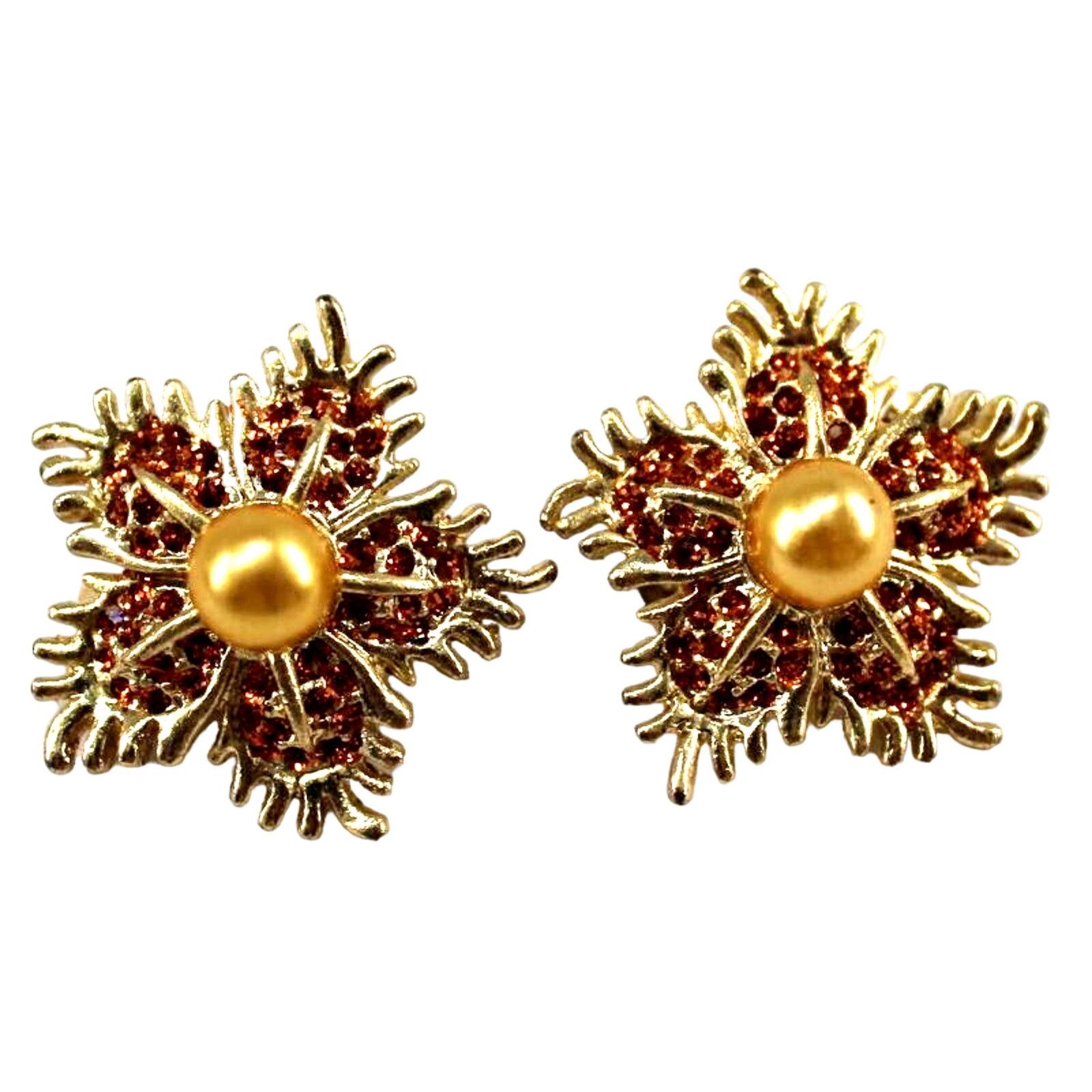 Other Orange Rhinestone Faux Golden Pearl Earrings • 1" • Clip On Size ONE SIZE - 1 Thumbnail